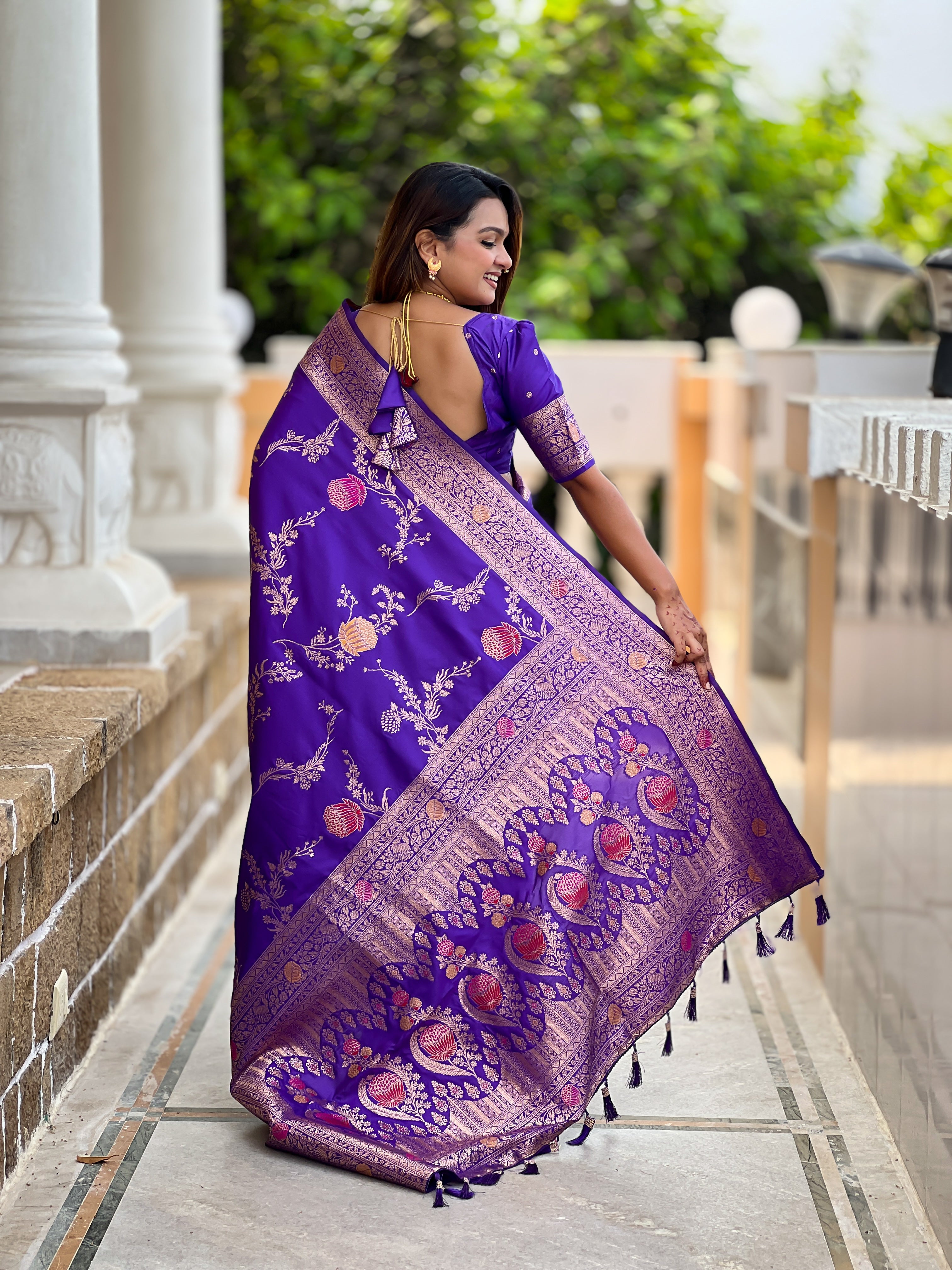 Bluish Purple Wedding Wear Soft Banarasi Silk Saree