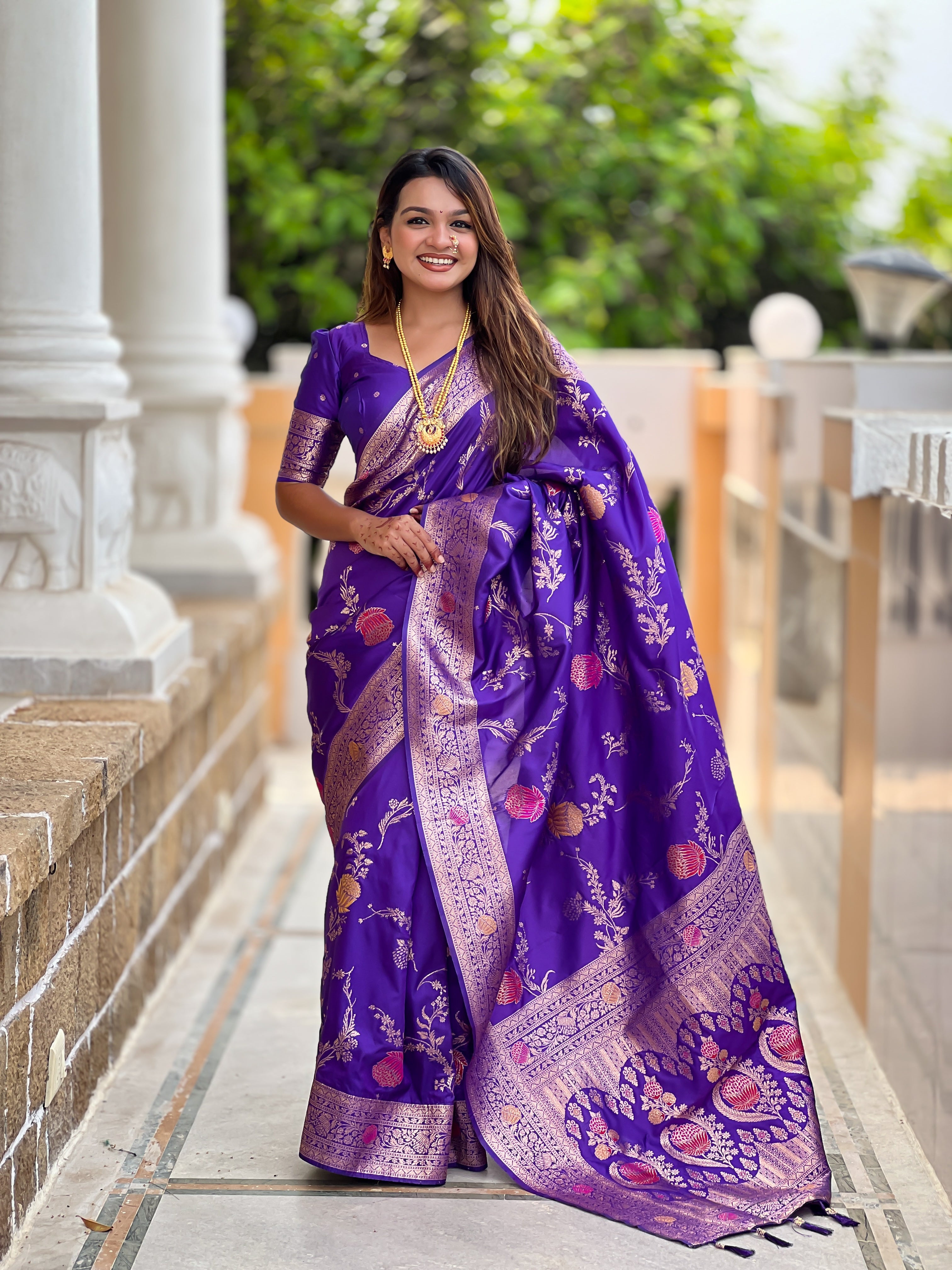 Bluish Purple Wedding Wear Soft Banarasi Silk Saree