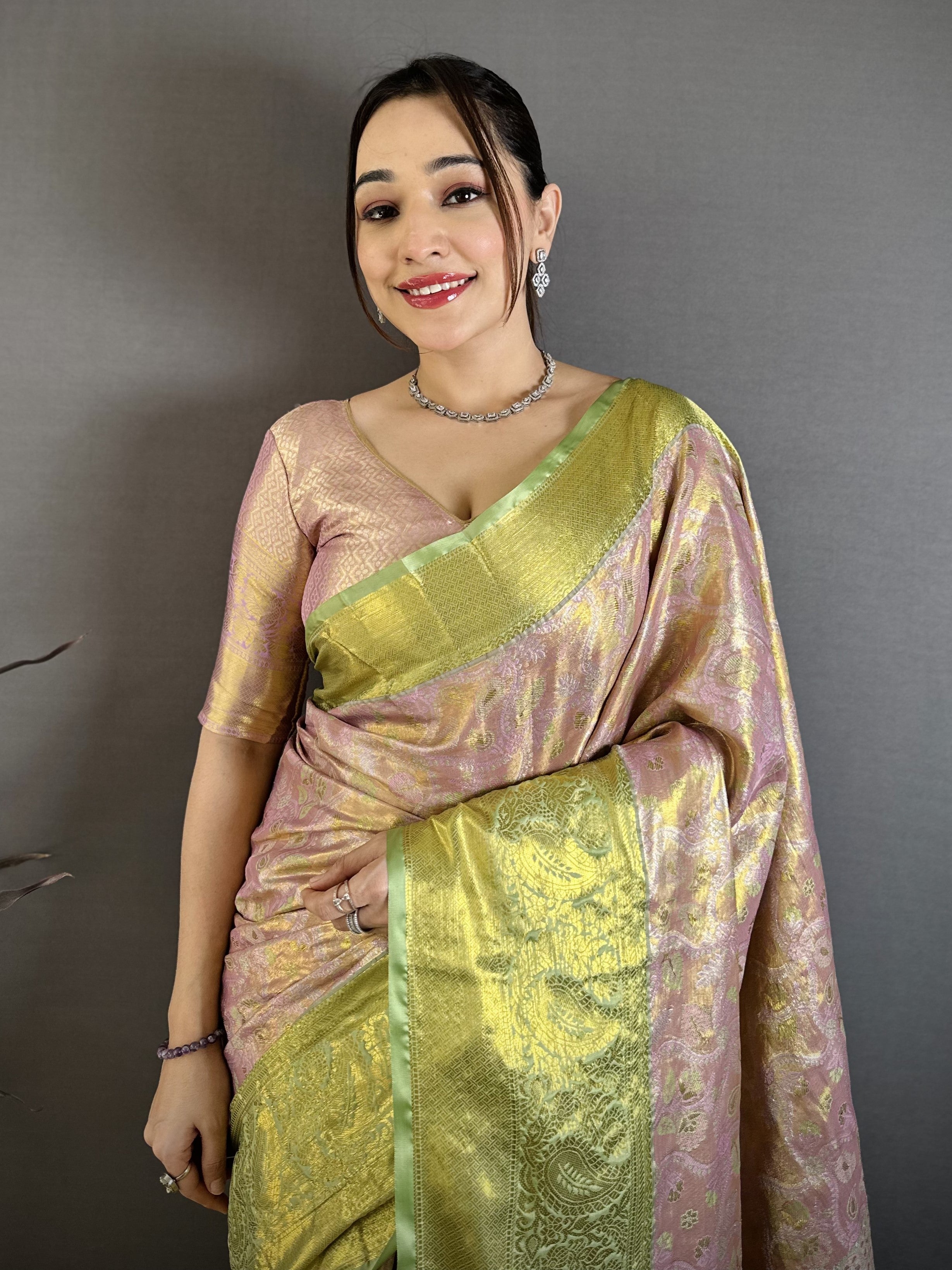 Blush Pink & Green Bridal Kanjivaram Silk Saree