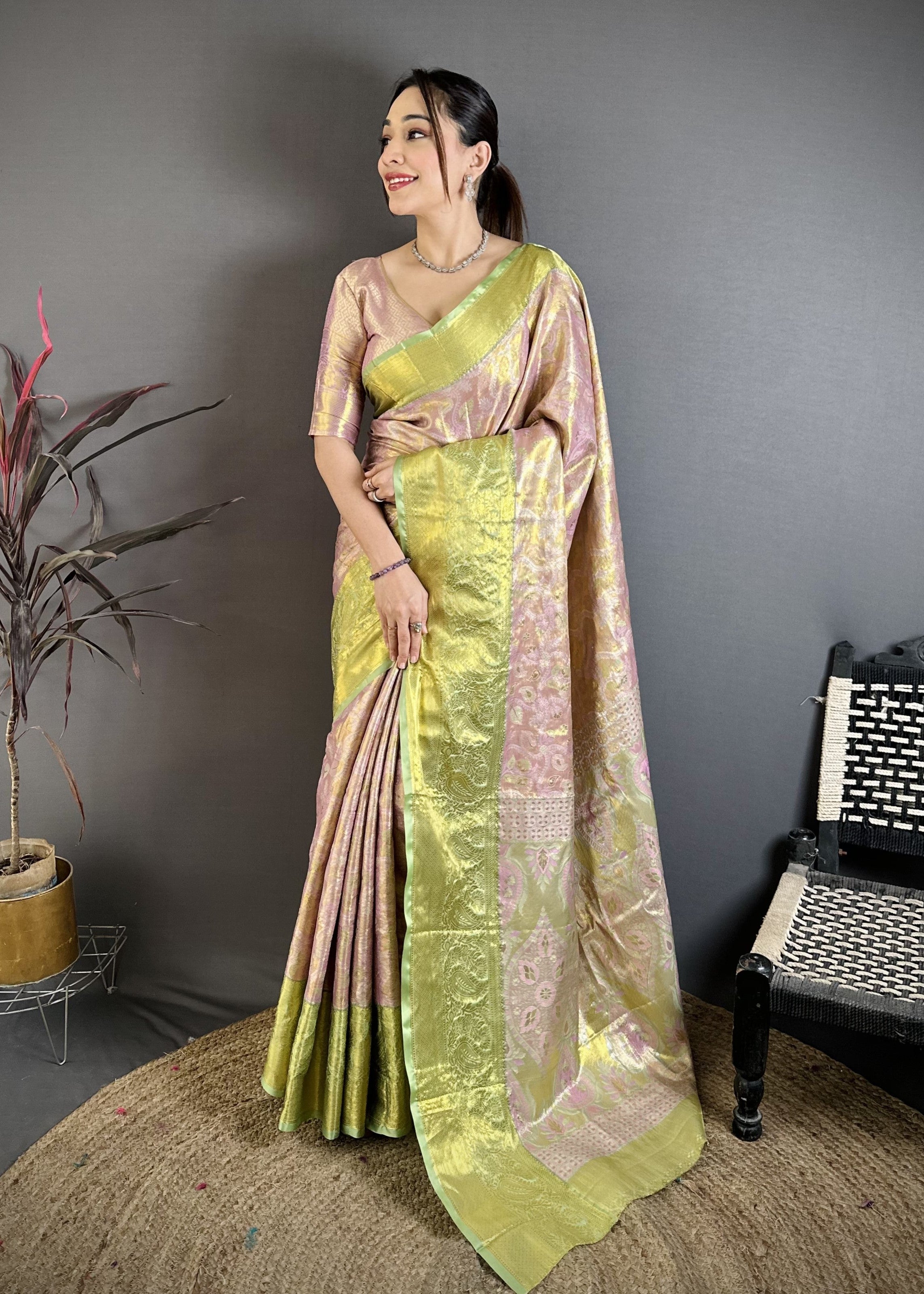 Blush Pink & Green Bridal Kanjivaram Silk Saree