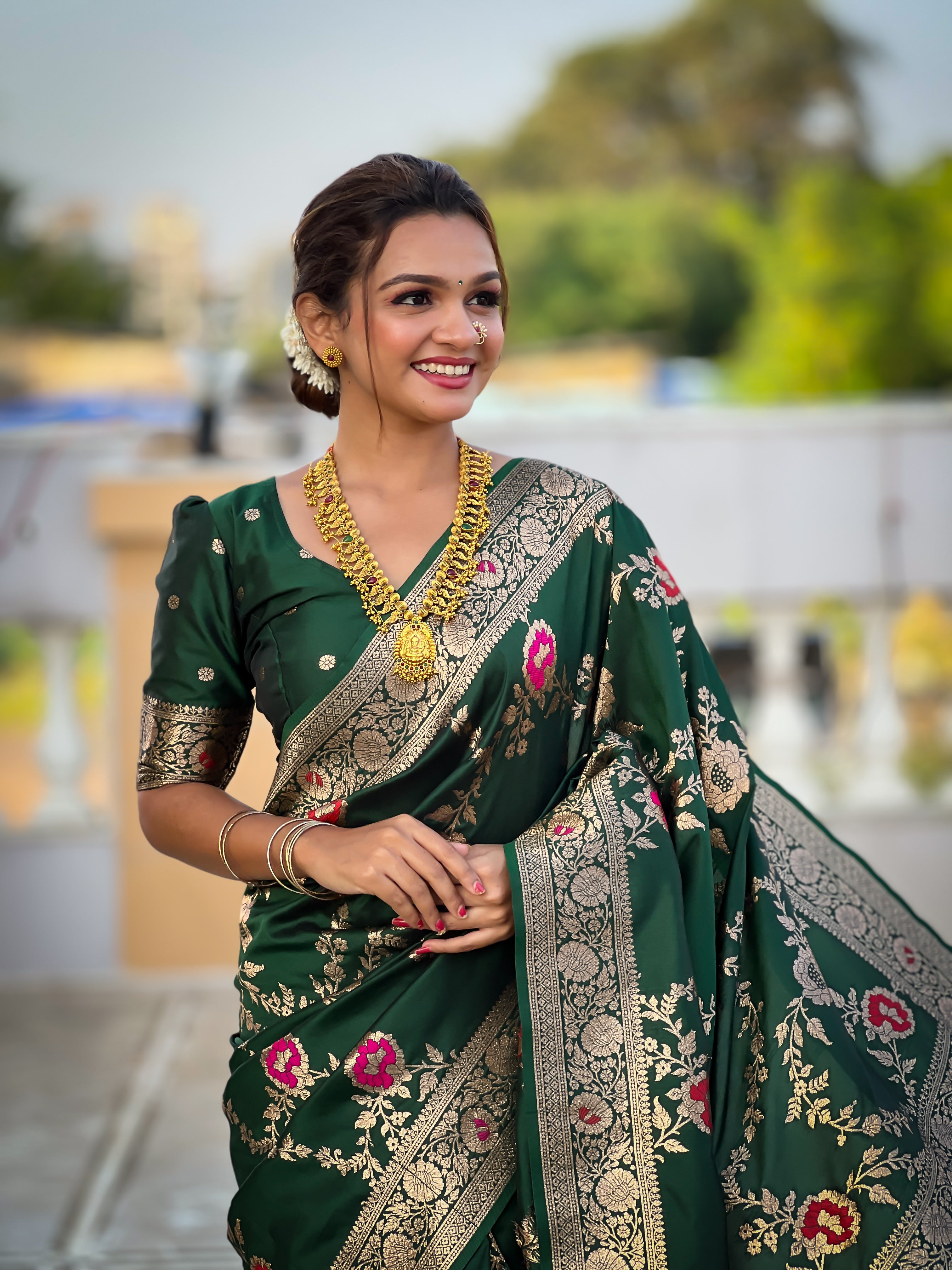 Bottel Green Wedding Wear Soft Banarasi Silk Saree