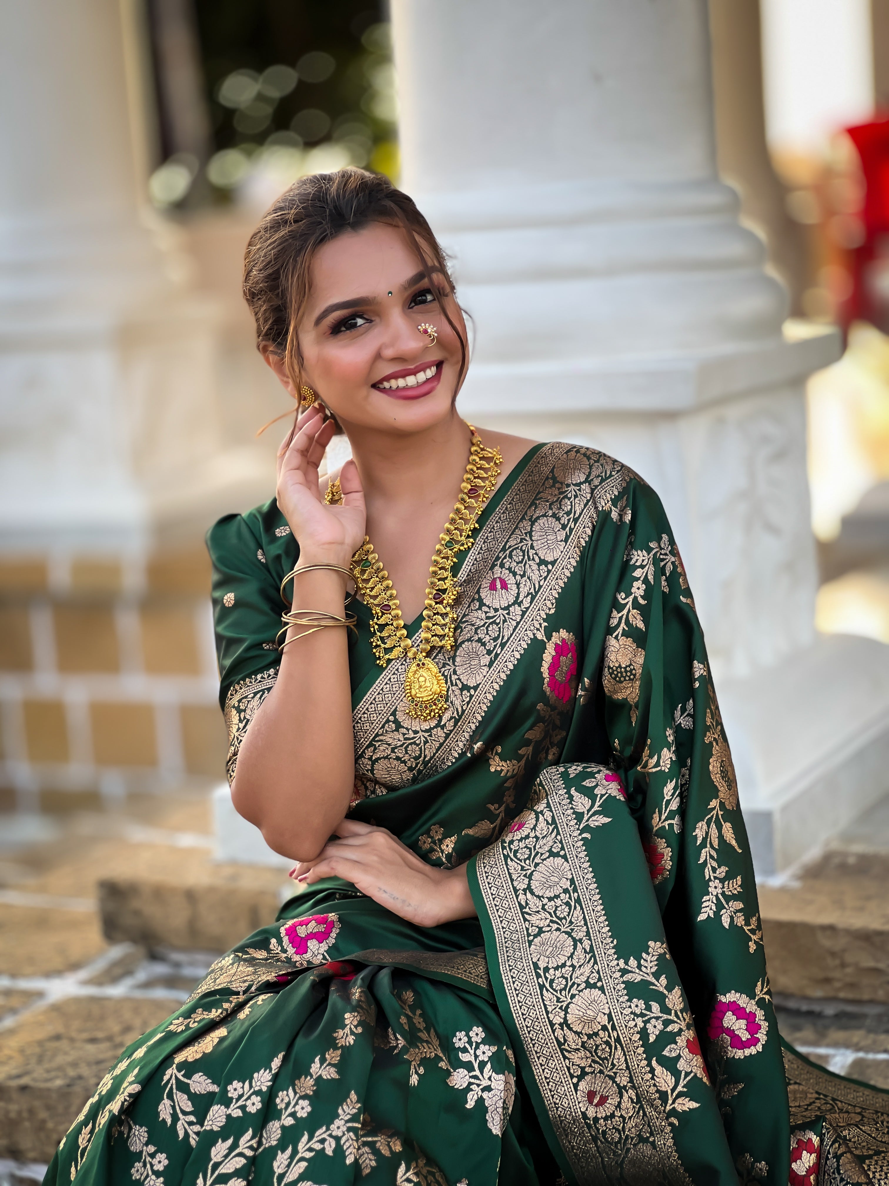 Bottel Green Wedding Wear Soft Banarasi Silk Saree