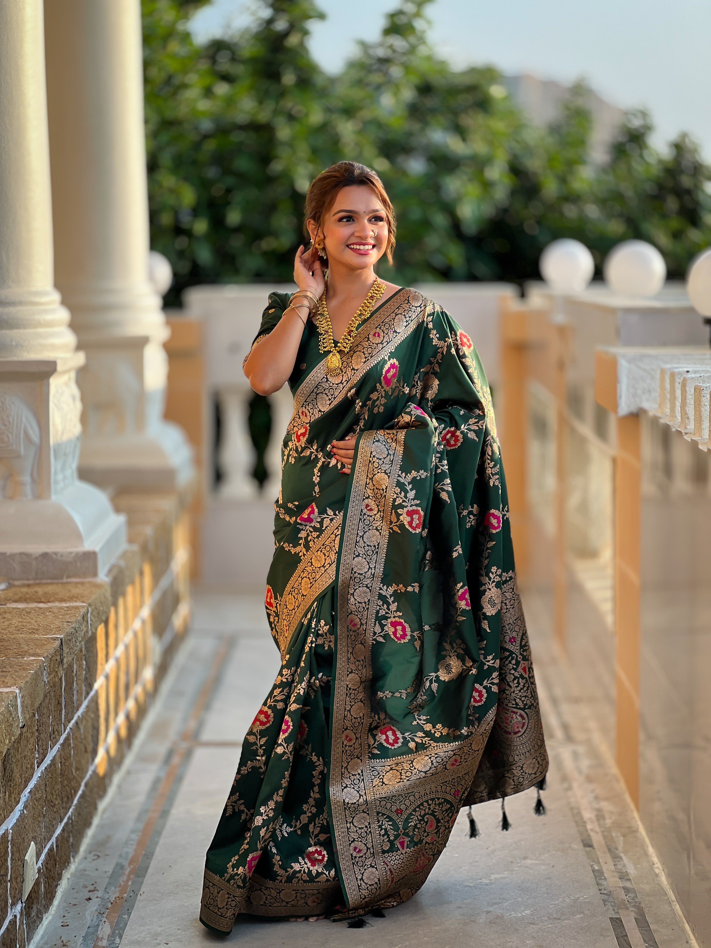 Bottel Green Wedding Wear Soft Banarasi Silk Saree