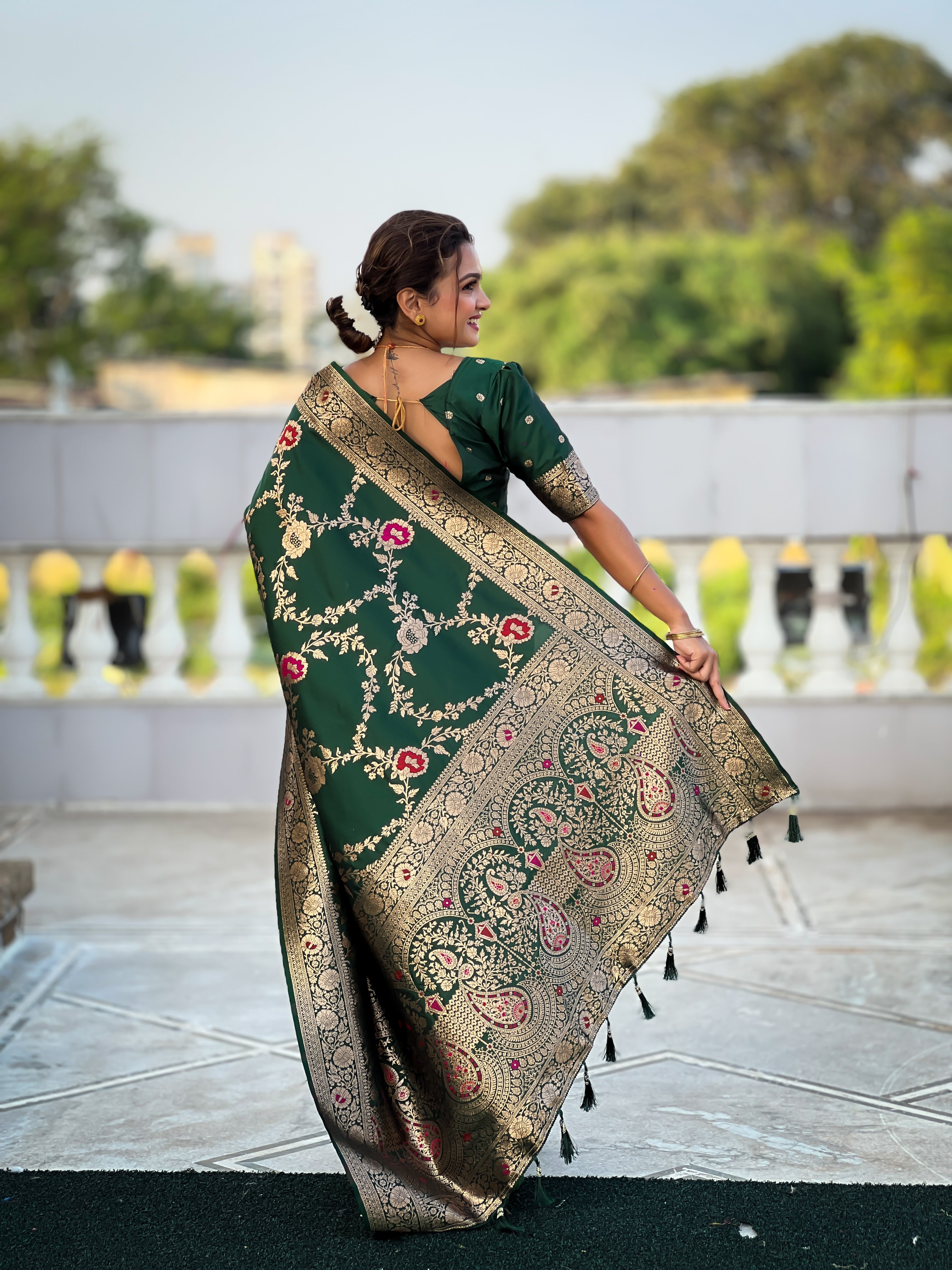 Bottel Green Wedding Wear Soft Banarasi Silk Saree