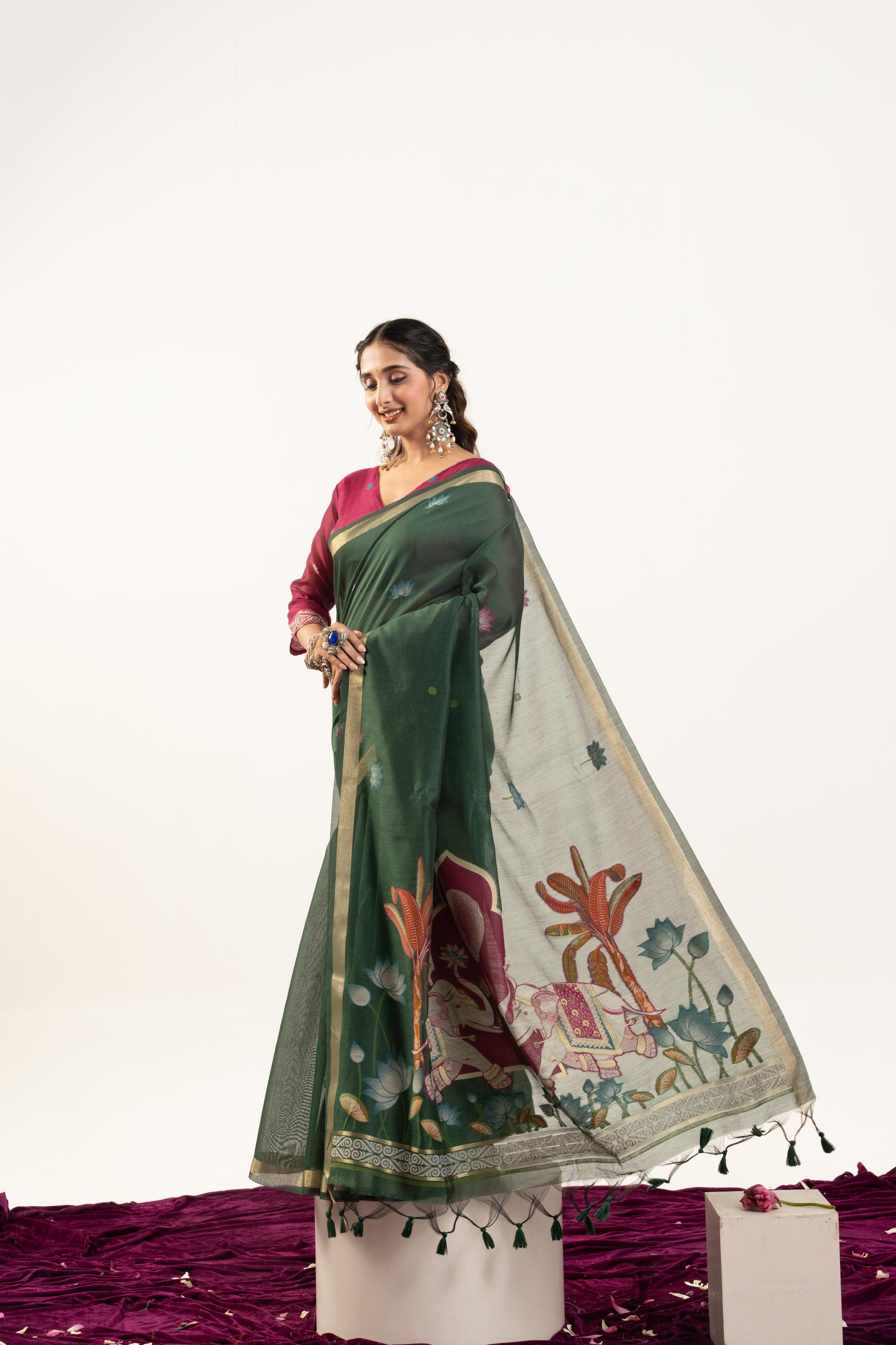 Bottle Green Designer Muga Cotton Saree
