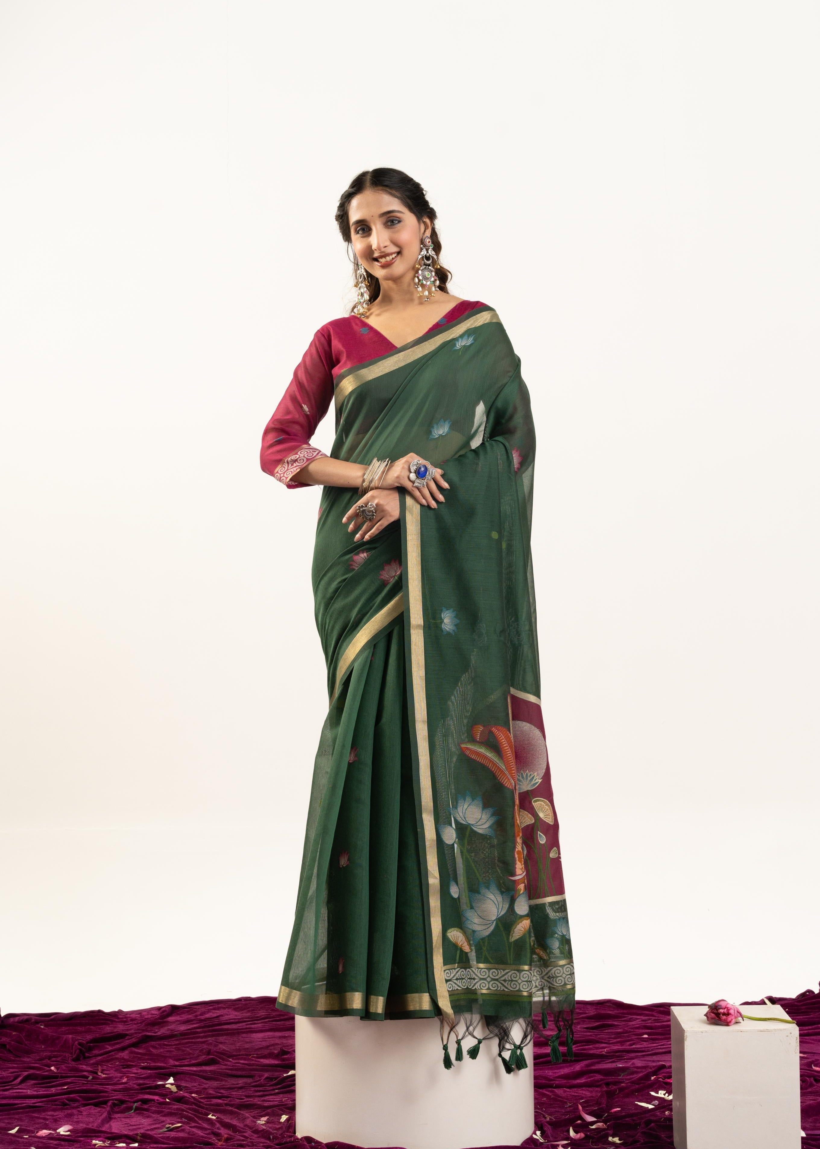 Bottle Green Designer Muga Cotton Saree