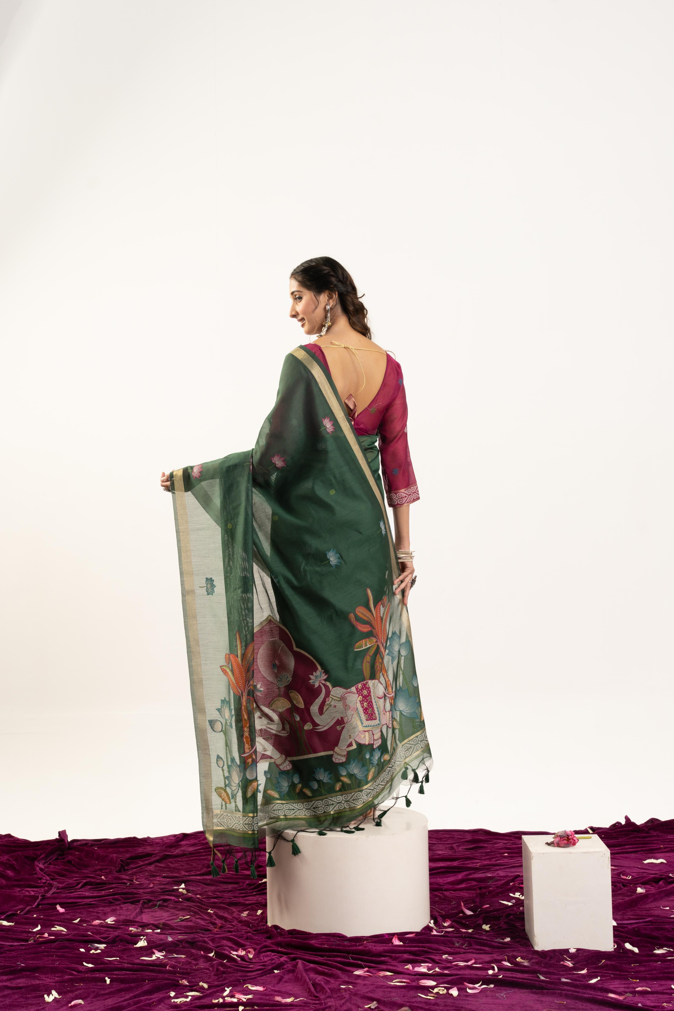 Bottle Green Designer Muga Cotton Saree