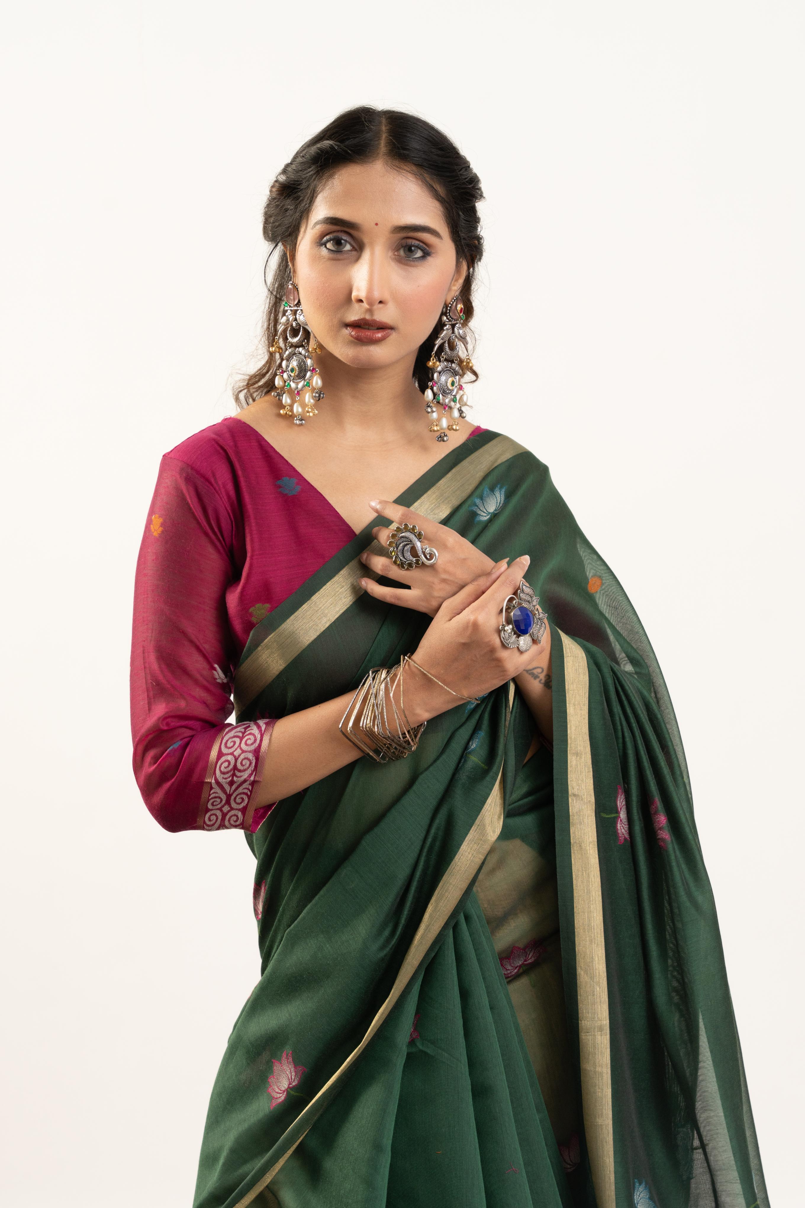 Bottle Green Designer Muga Cotton Saree