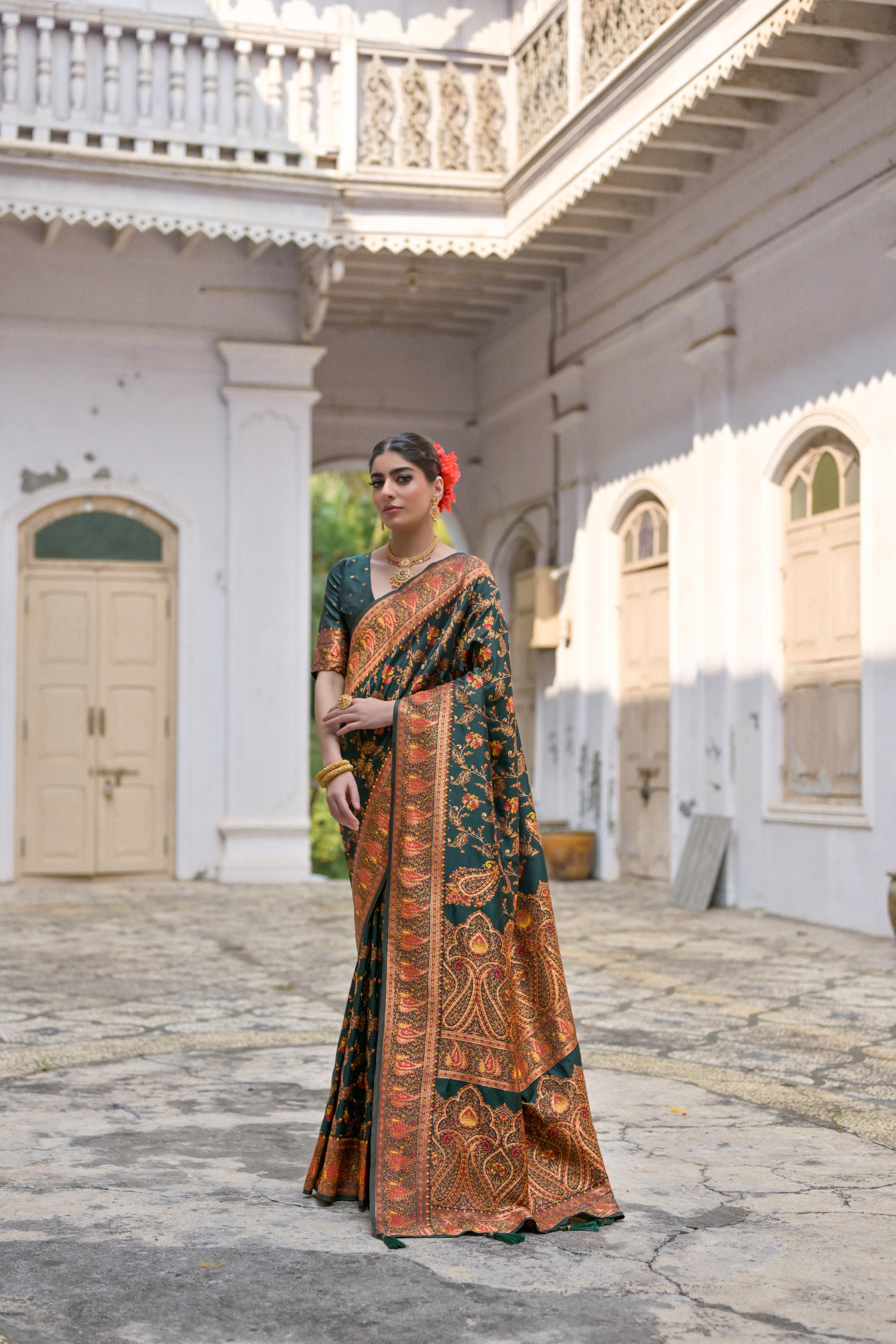 Bottle Green Pashmina Silk Saree