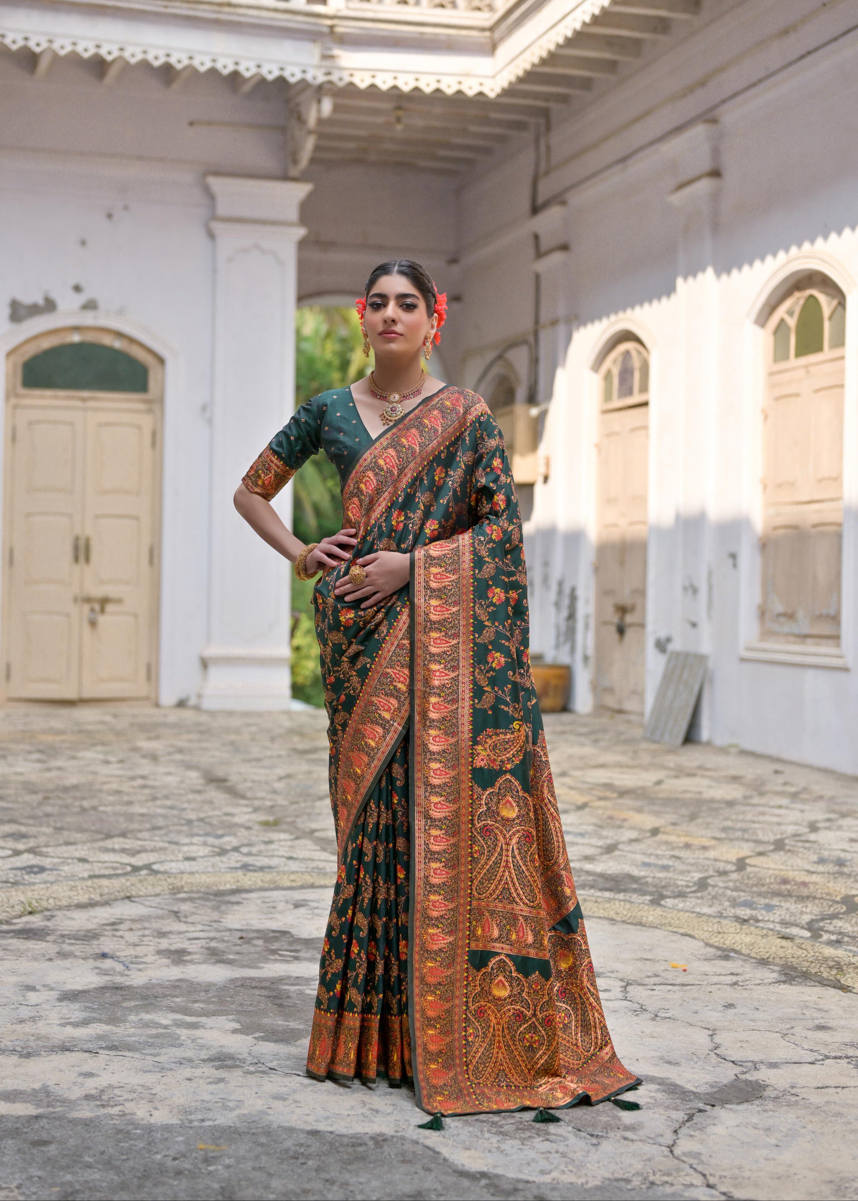 Bottle Green Pashmina Silk Saree