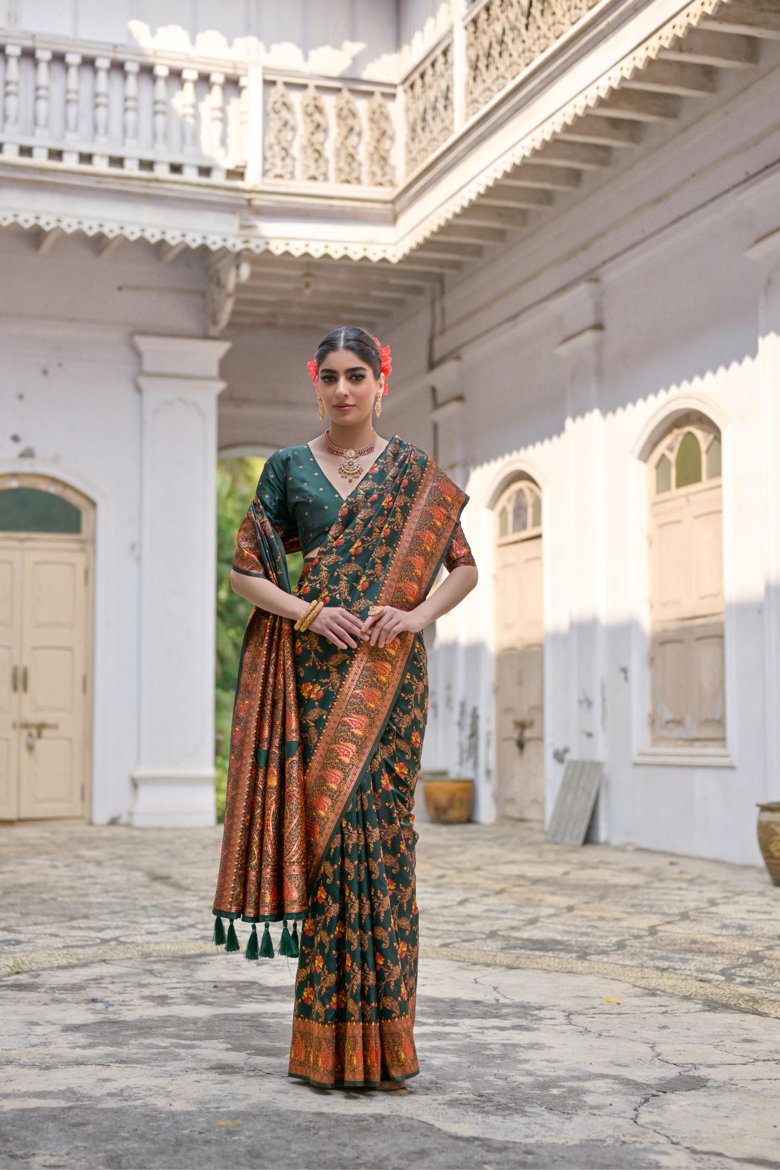 Bottle Green Pashmina Silk Saree
