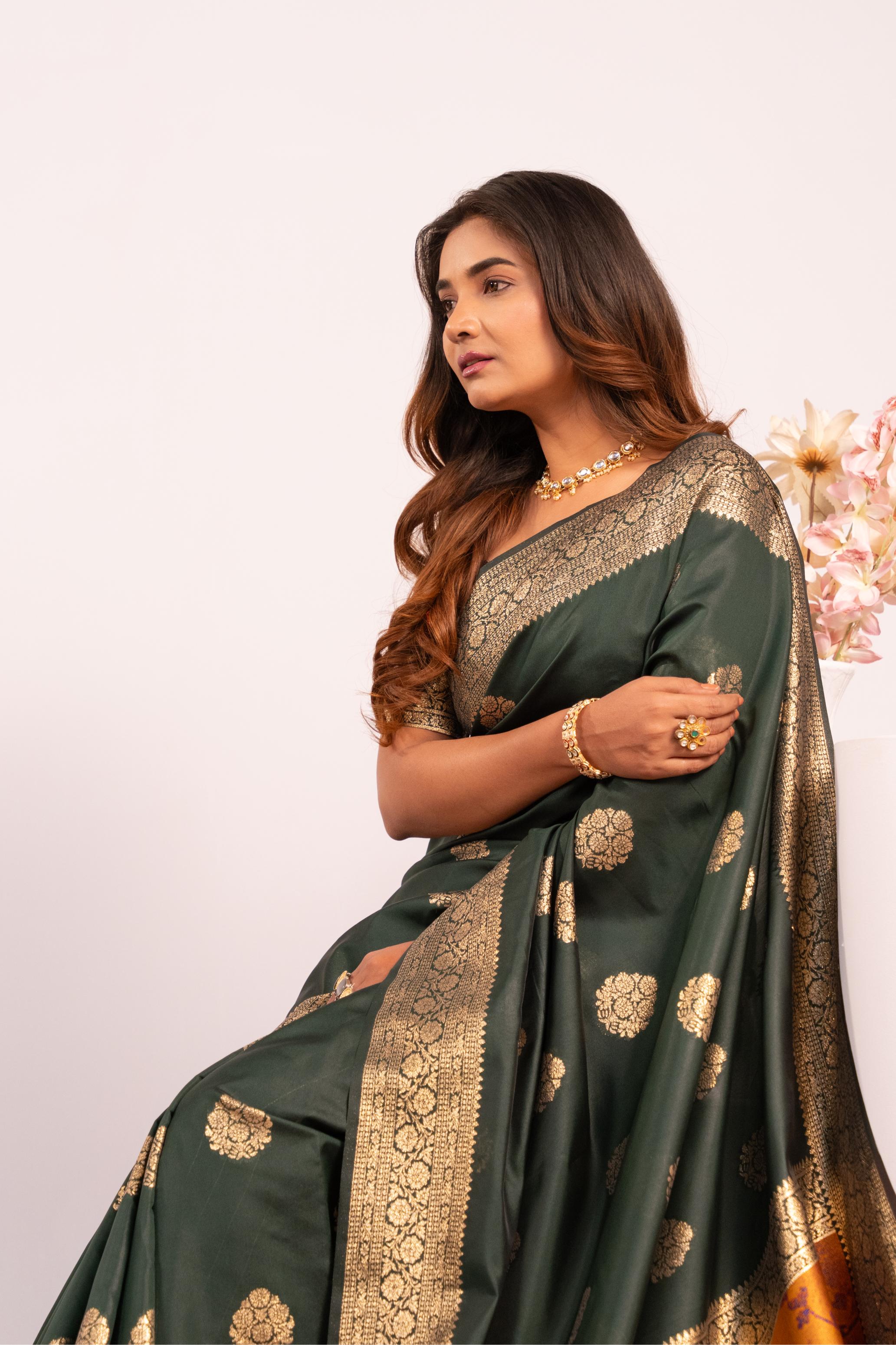 Bottle Green Soft Banarasi Silk Saree