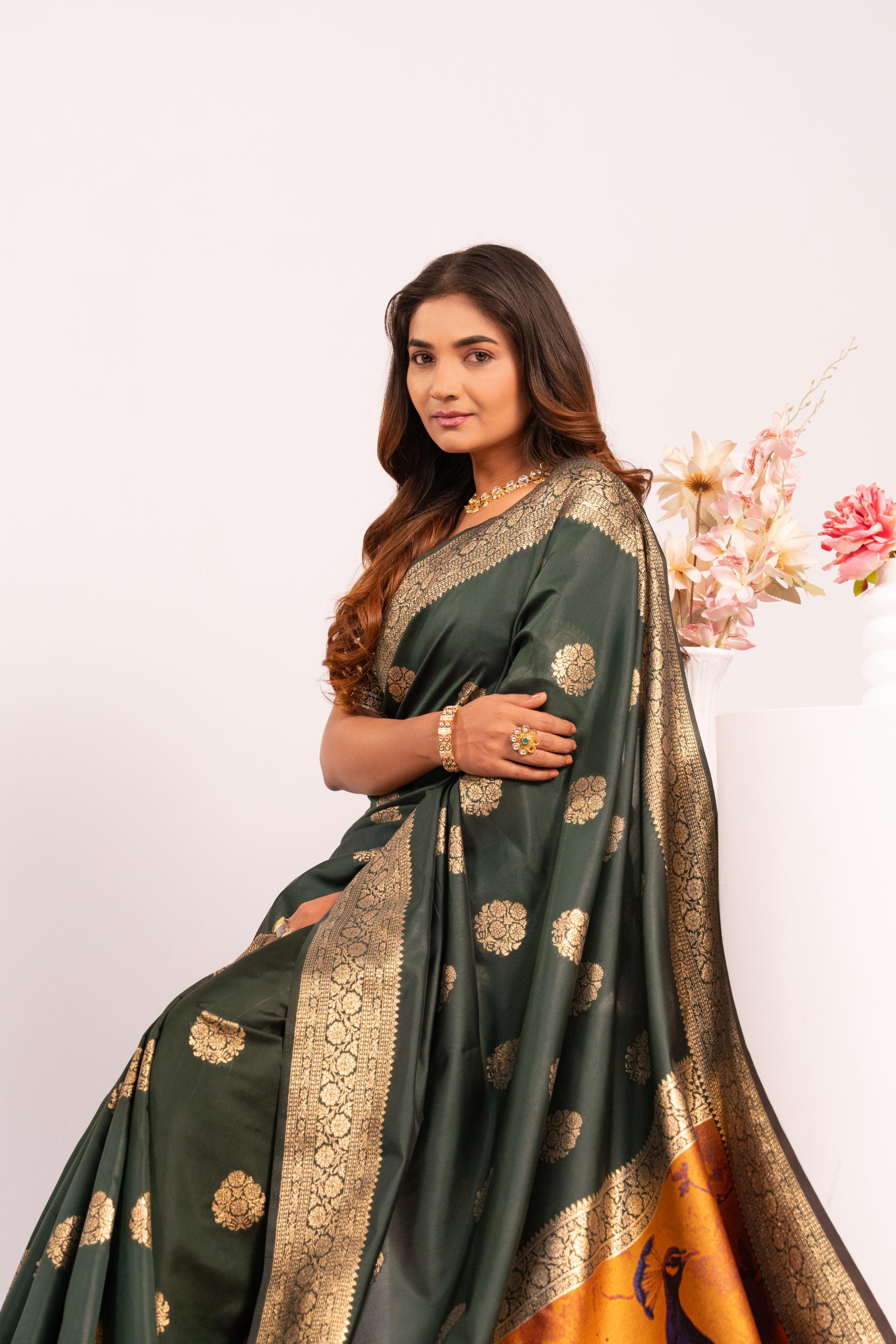 Bottle Green Soft Banarasi Silk Saree