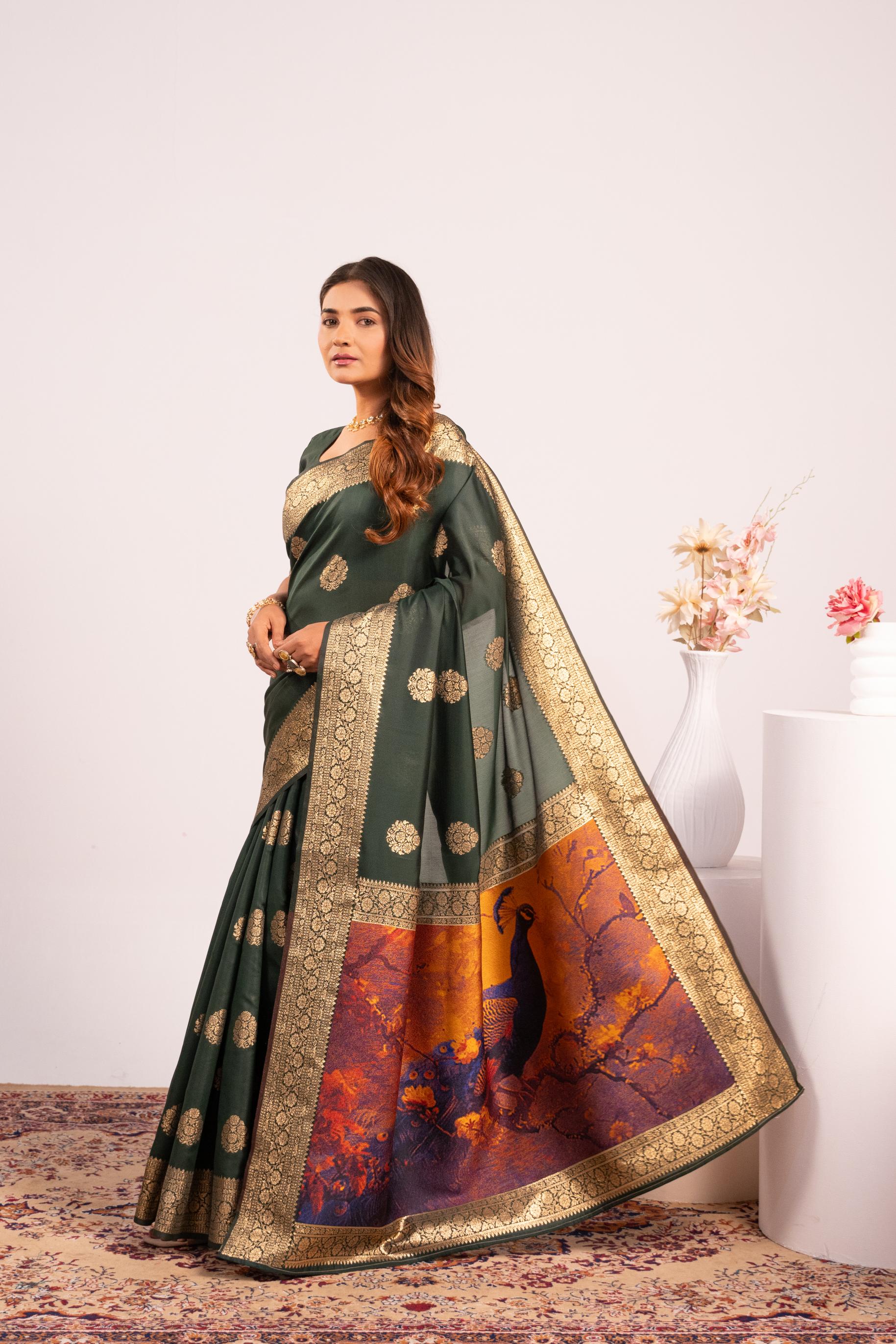 Bottle Green Soft Banarasi Silk Saree