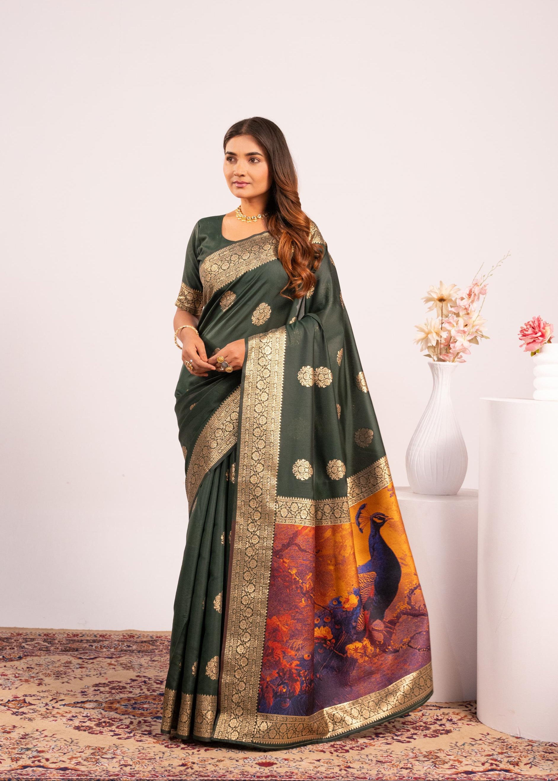 Bottle Green Soft Banarasi Silk Saree