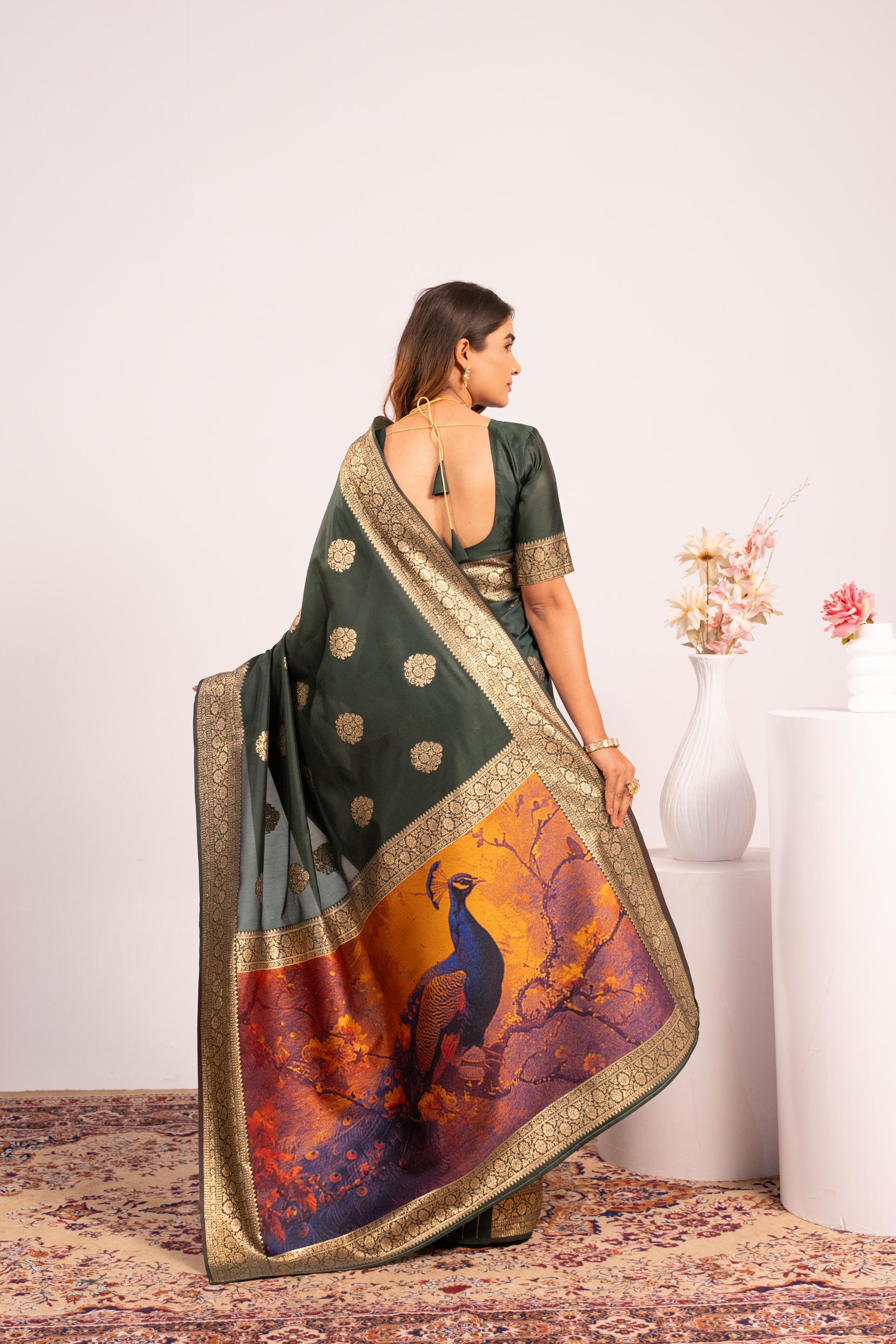 Bottle Green Soft Banarasi Silk Saree