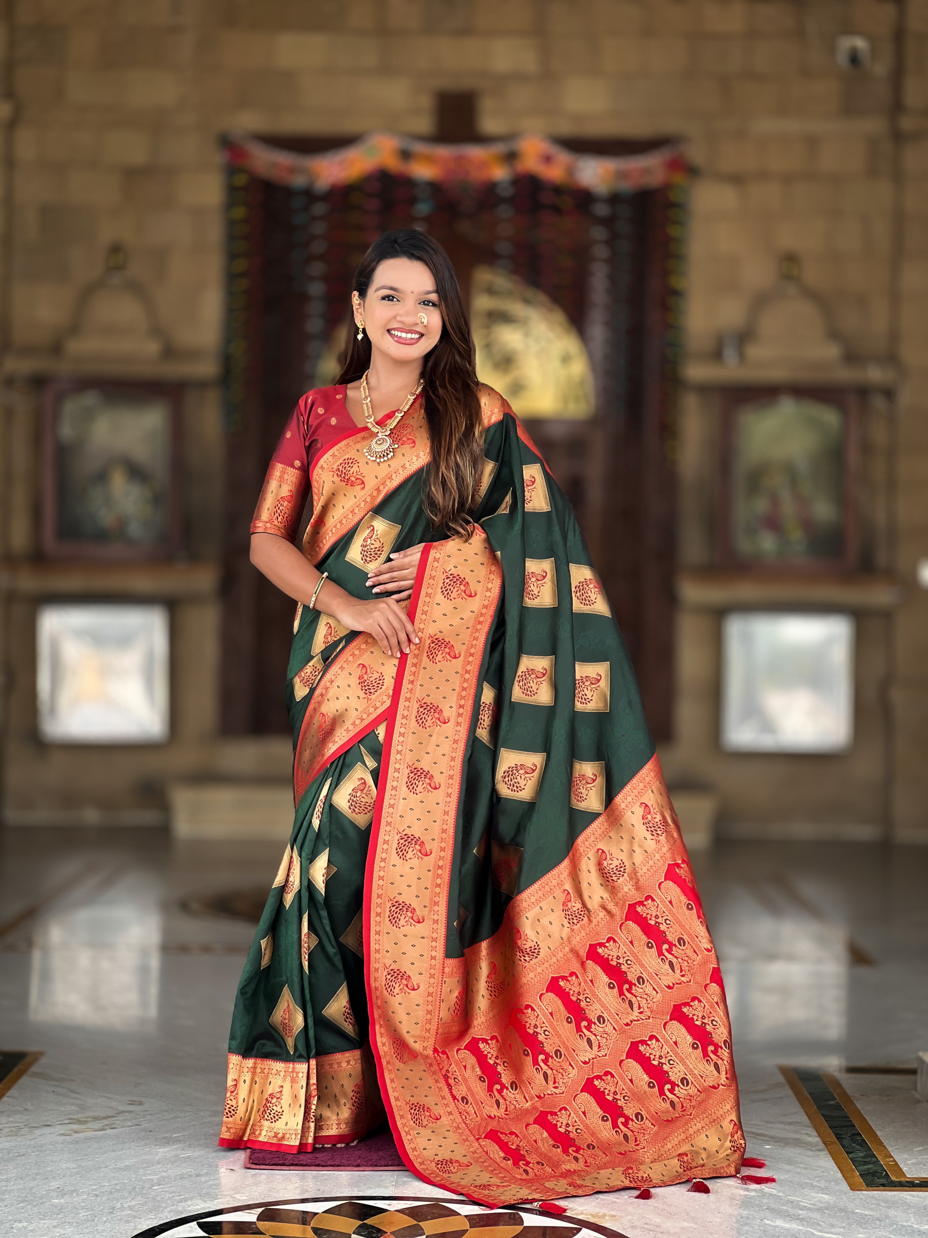 Bottle Green Wedding Wear Soft Banarasi Silk Saree