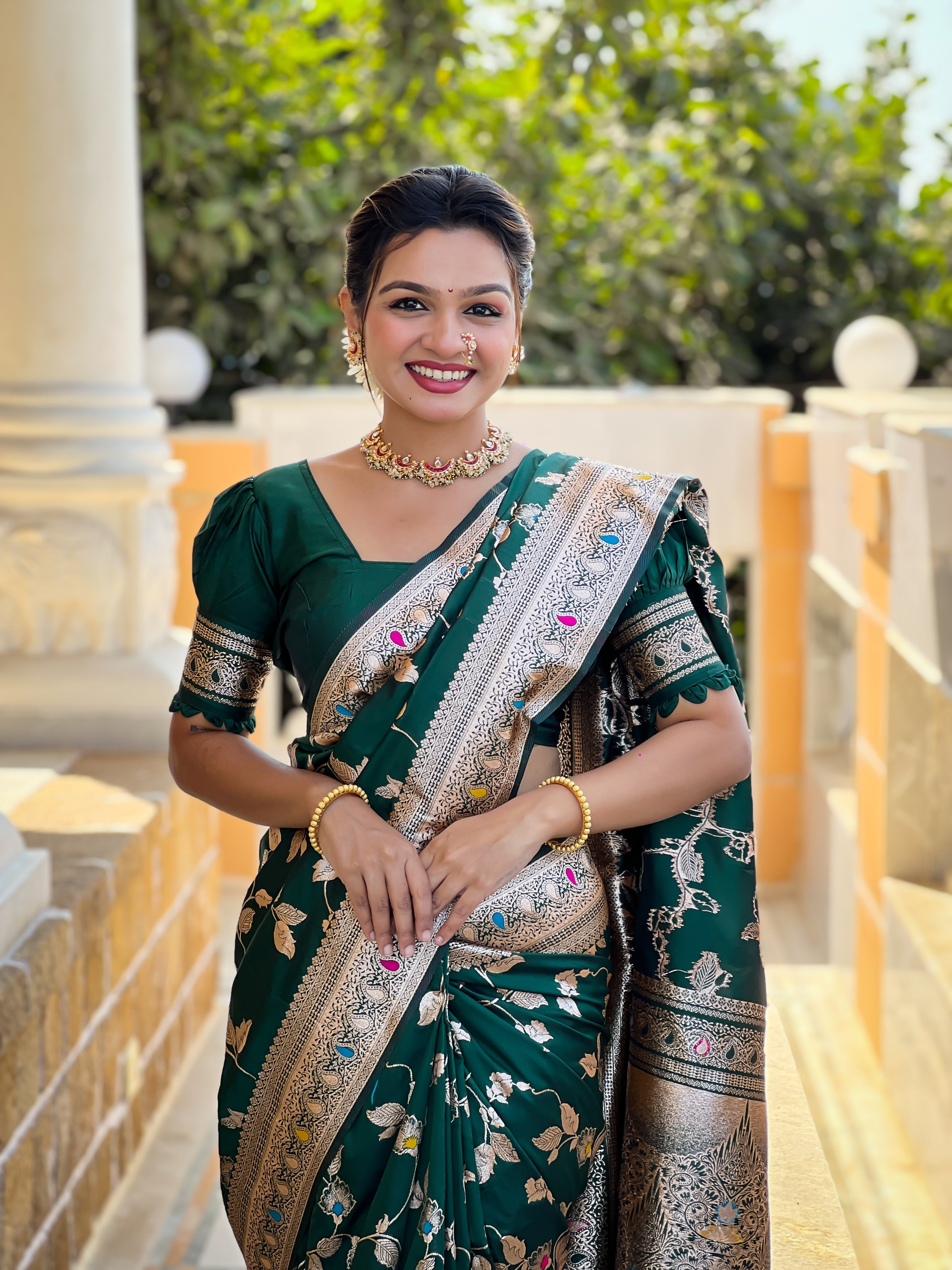 Bottle Green Wedding Wear Soft Banarasi Silk Saree