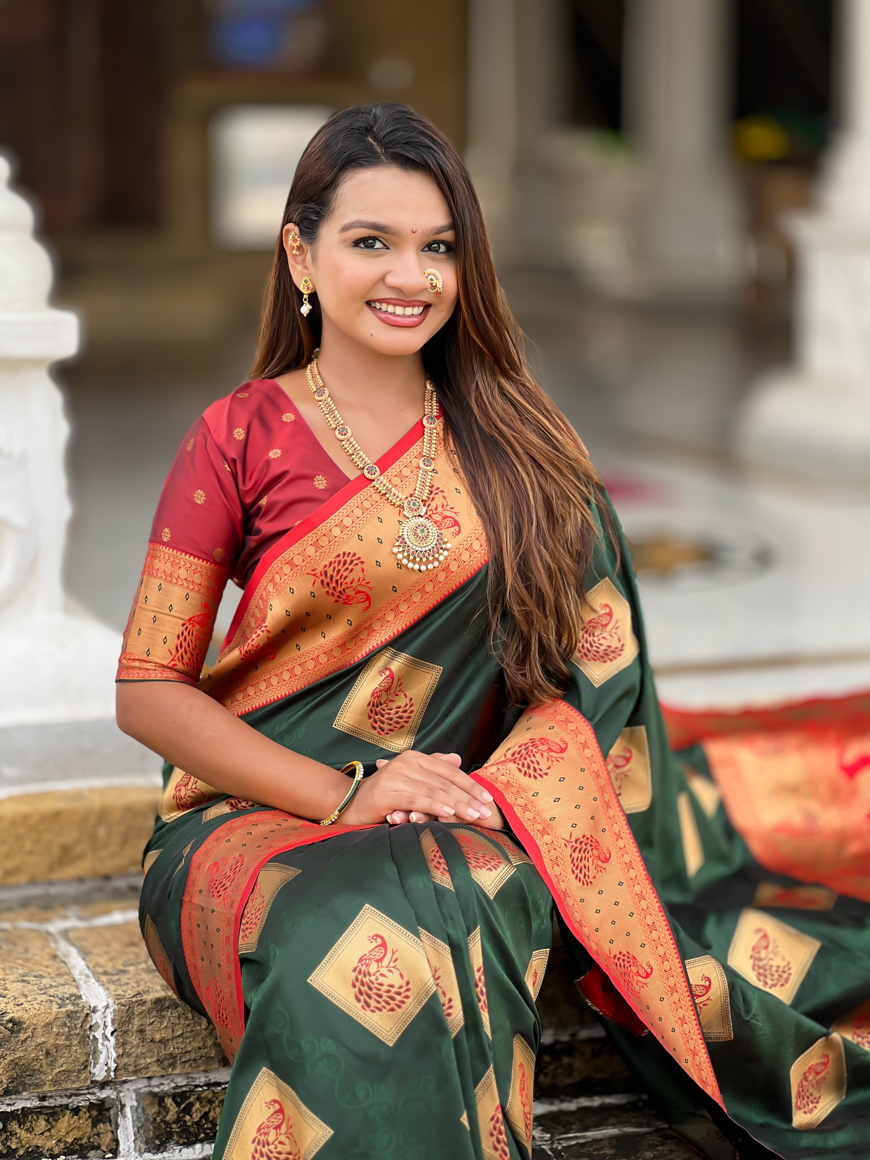 Bottle Green Wedding Wear Soft Banarasi Silk Saree