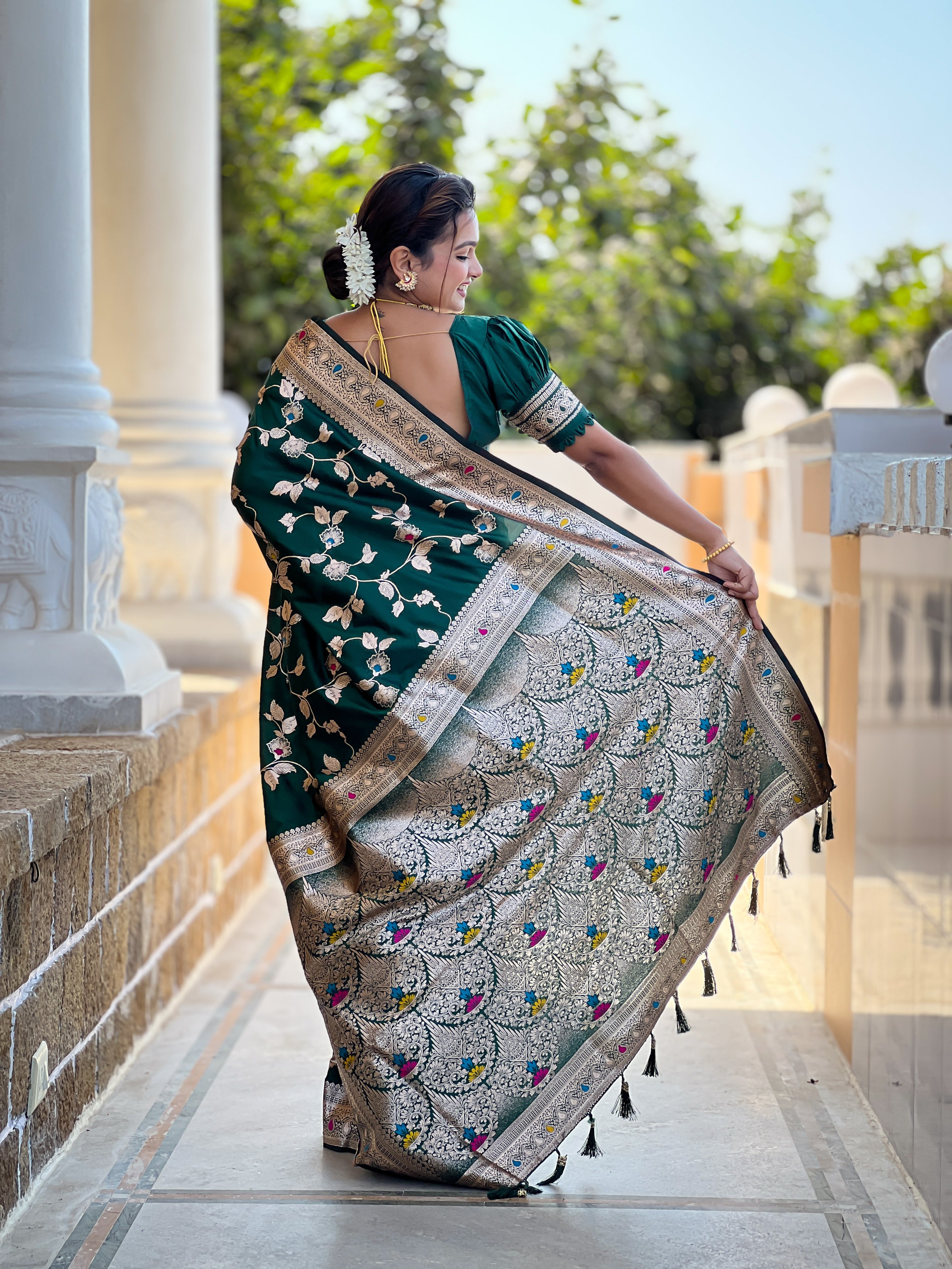 Bottle Green Wedding Wear Soft Banarasi Silk Saree