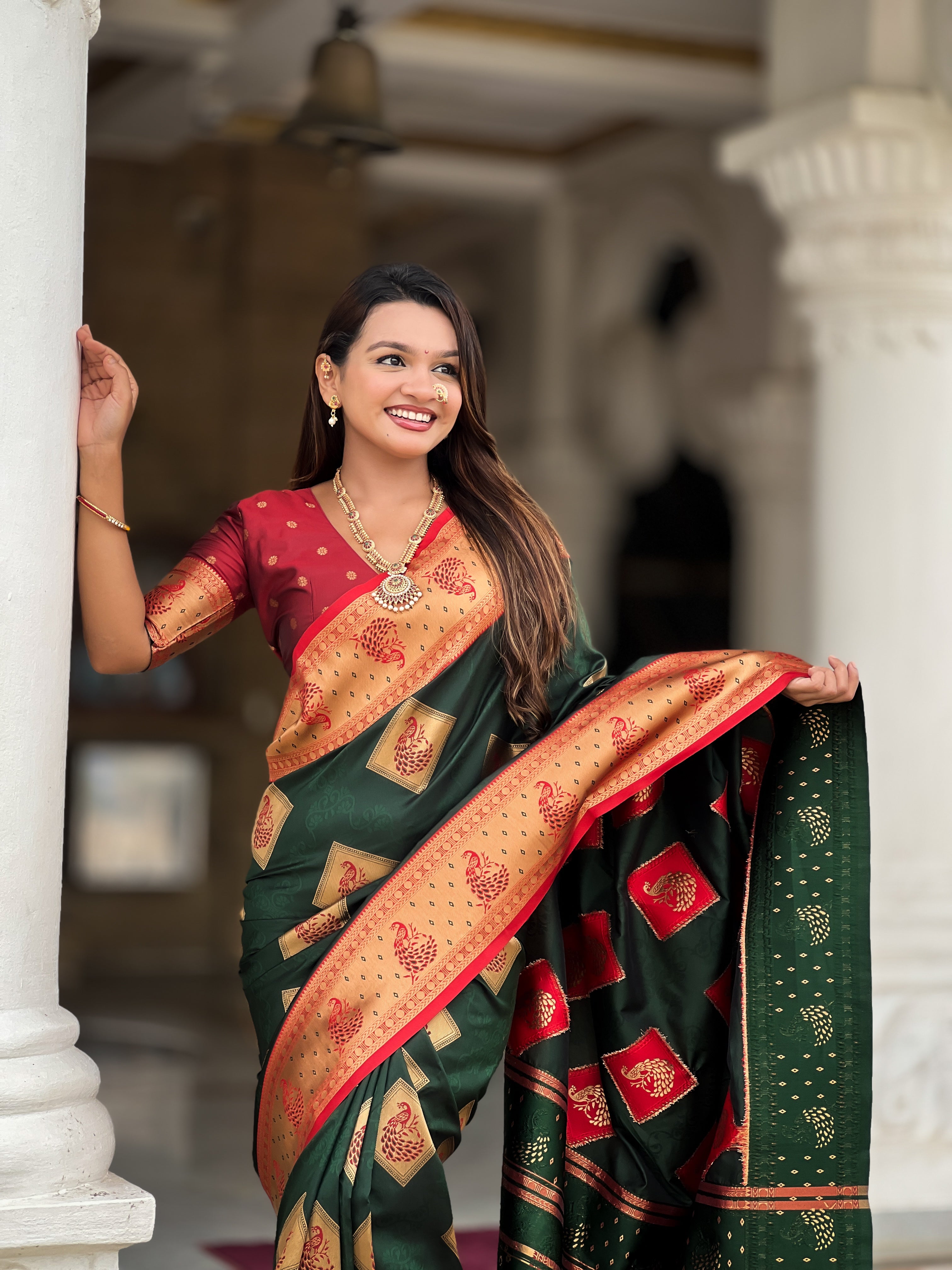 Bottle Green Wedding Wear Soft Banarasi Silk Saree
