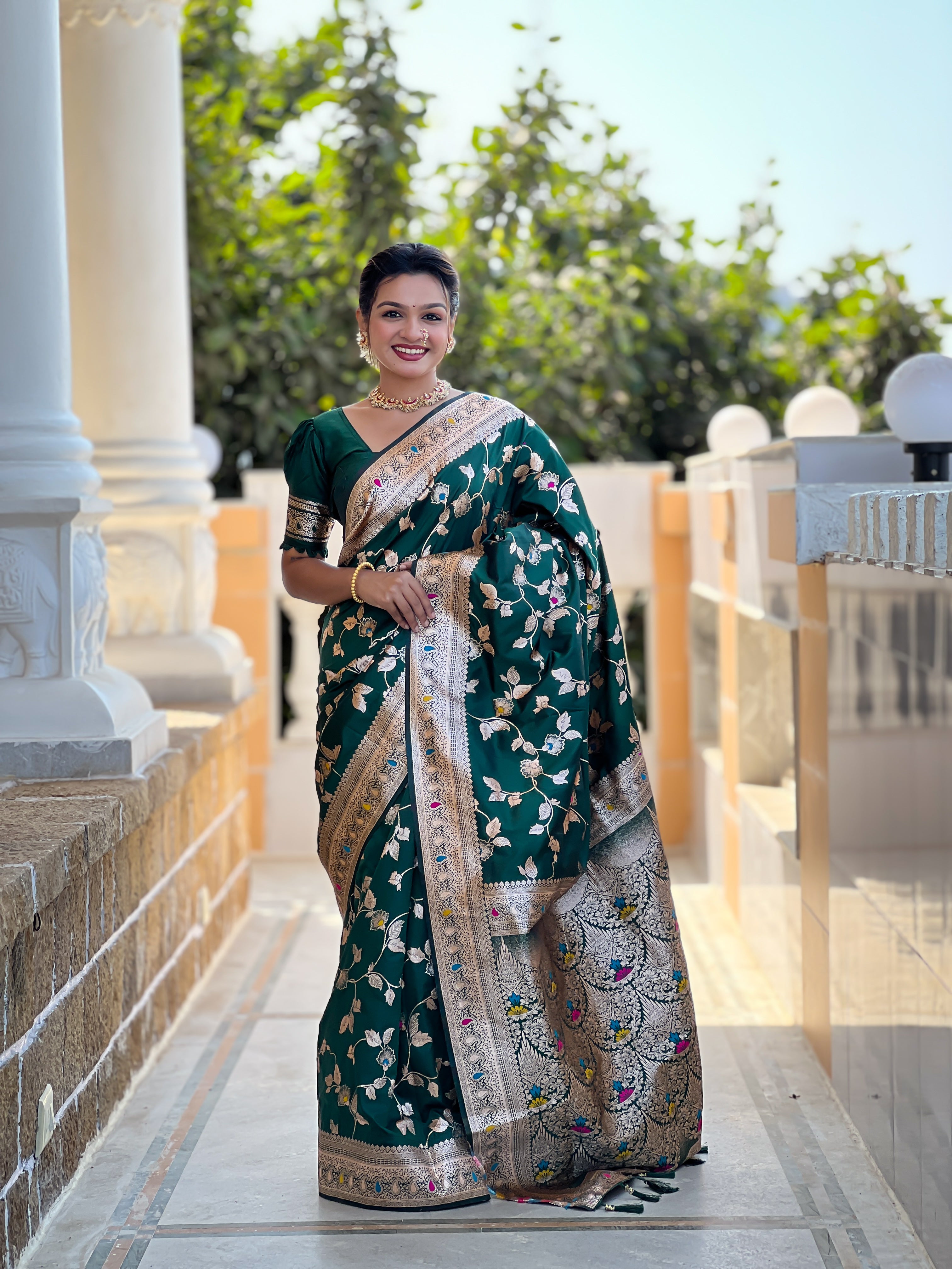 Bottle Green Wedding Wear Soft Banarasi Silk Saree