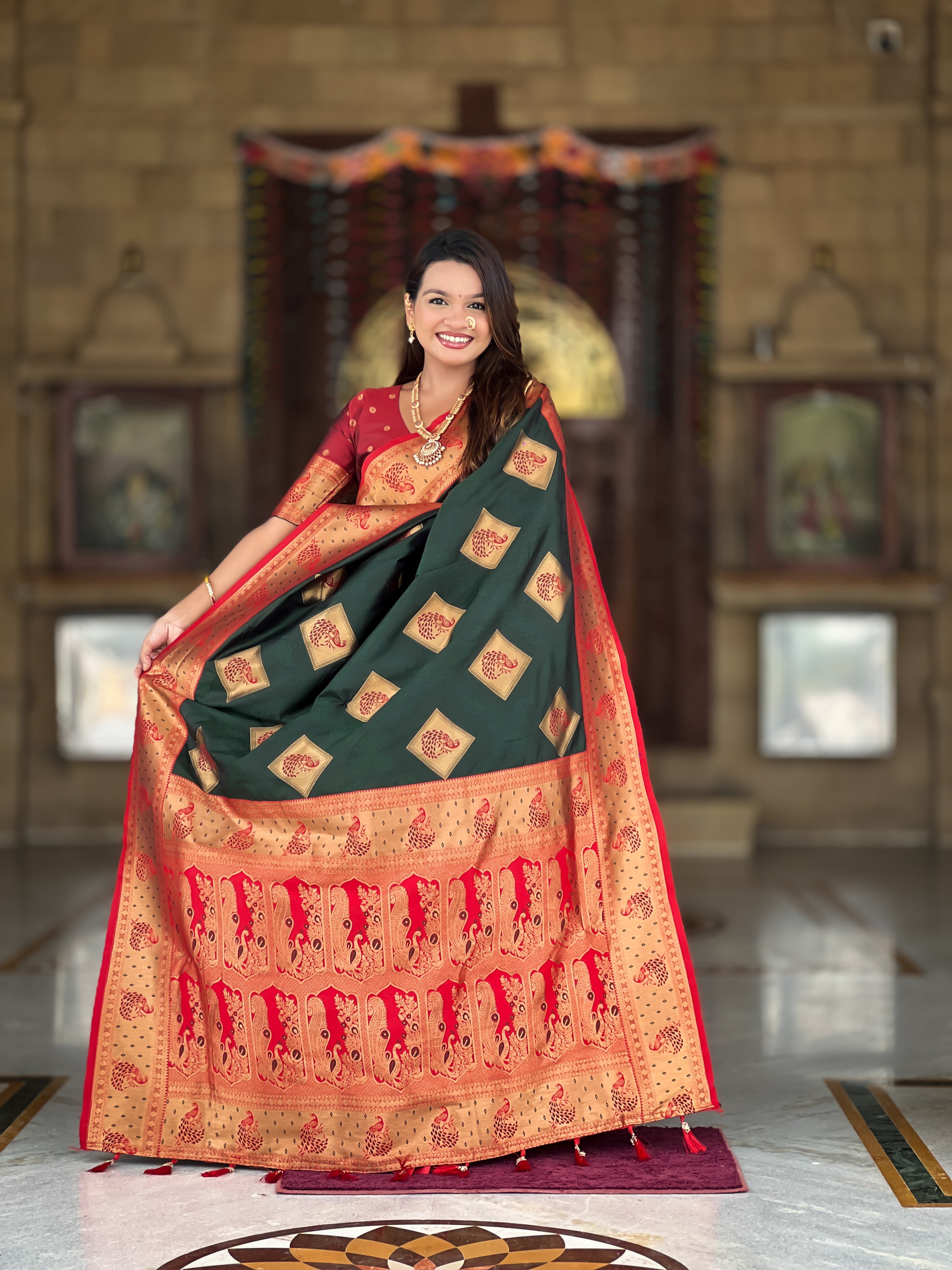Bottle Green Wedding Wear Soft Banarasi Silk Saree