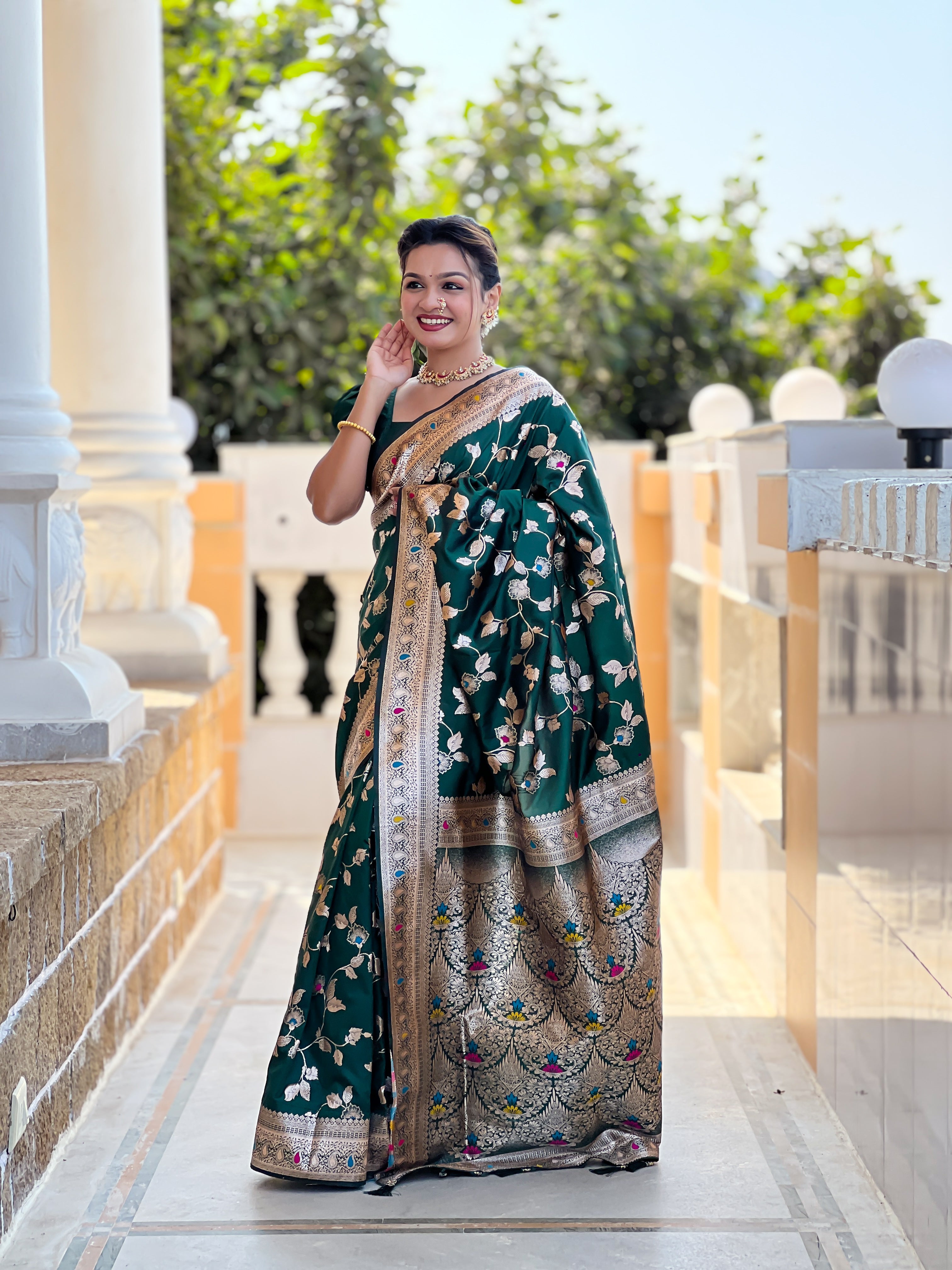 Bottle Green Wedding Wear Soft Banarasi Silk Saree