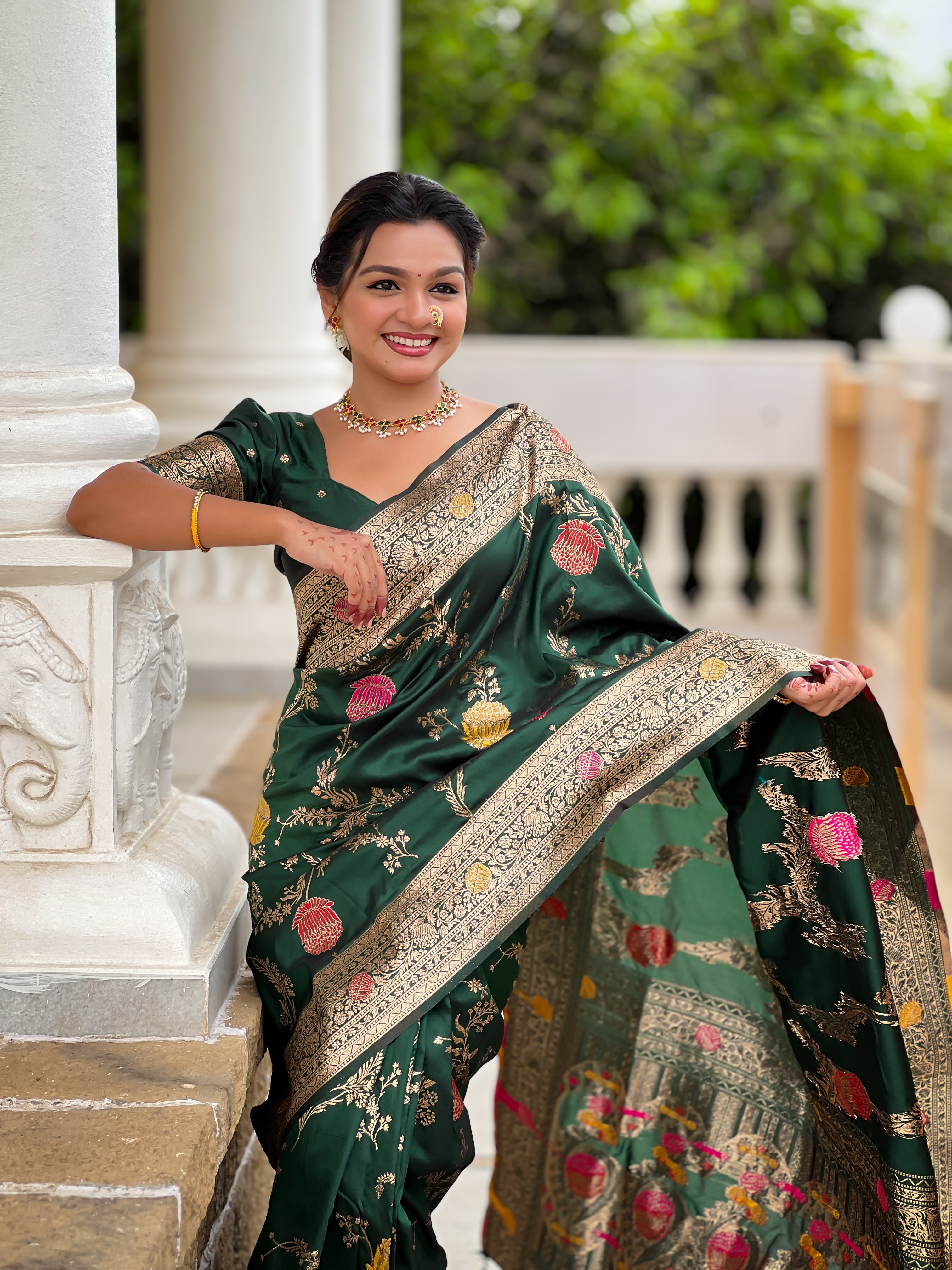Bottle Green Wedding Wear Soft Banarasi Silk Saree
