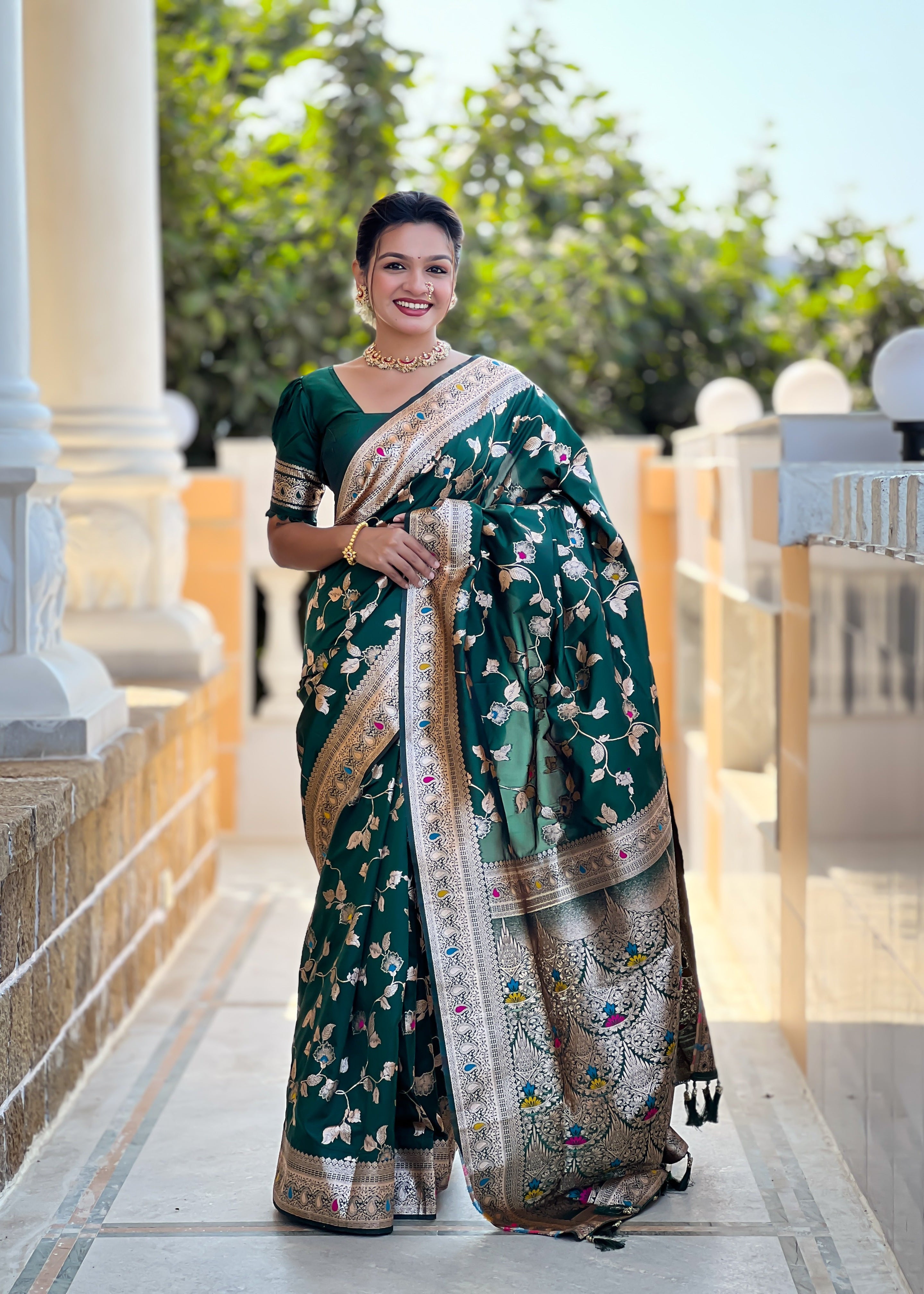 Bottle Green Wedding Wear Soft Banarasi Silk Saree