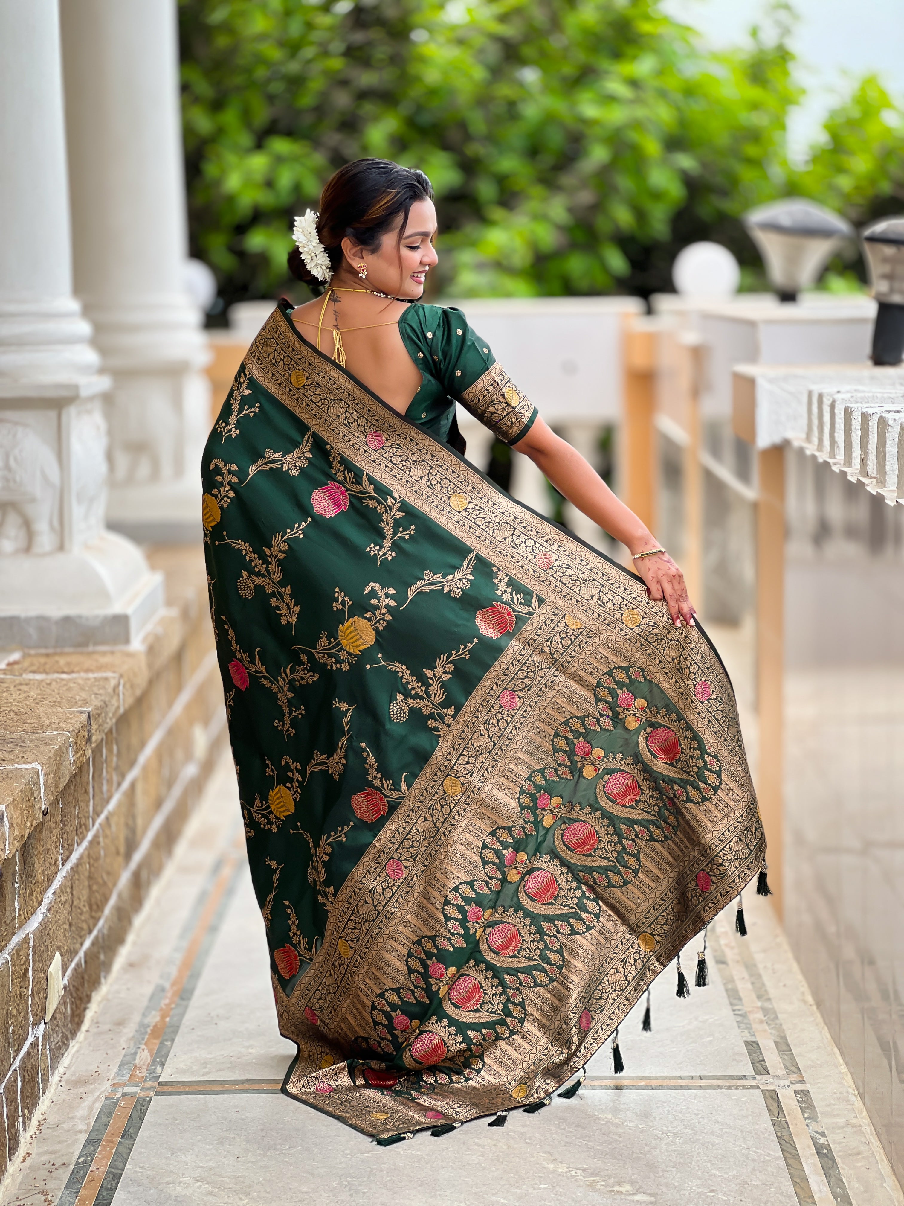 Bottle Green Wedding Wear Soft Banarasi Silk Saree