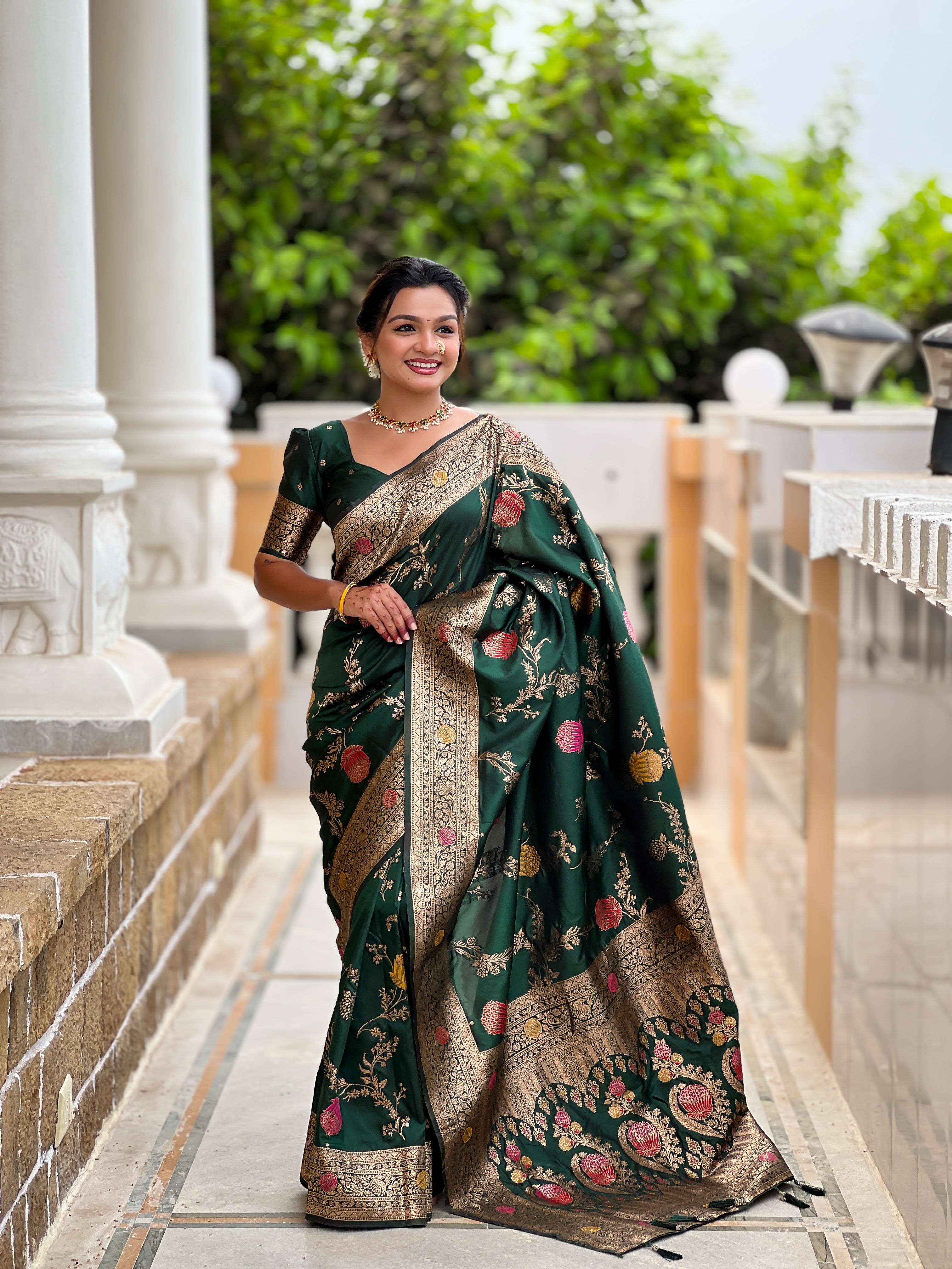 Bottle Green Wedding Wear Soft Banarasi Silk Saree