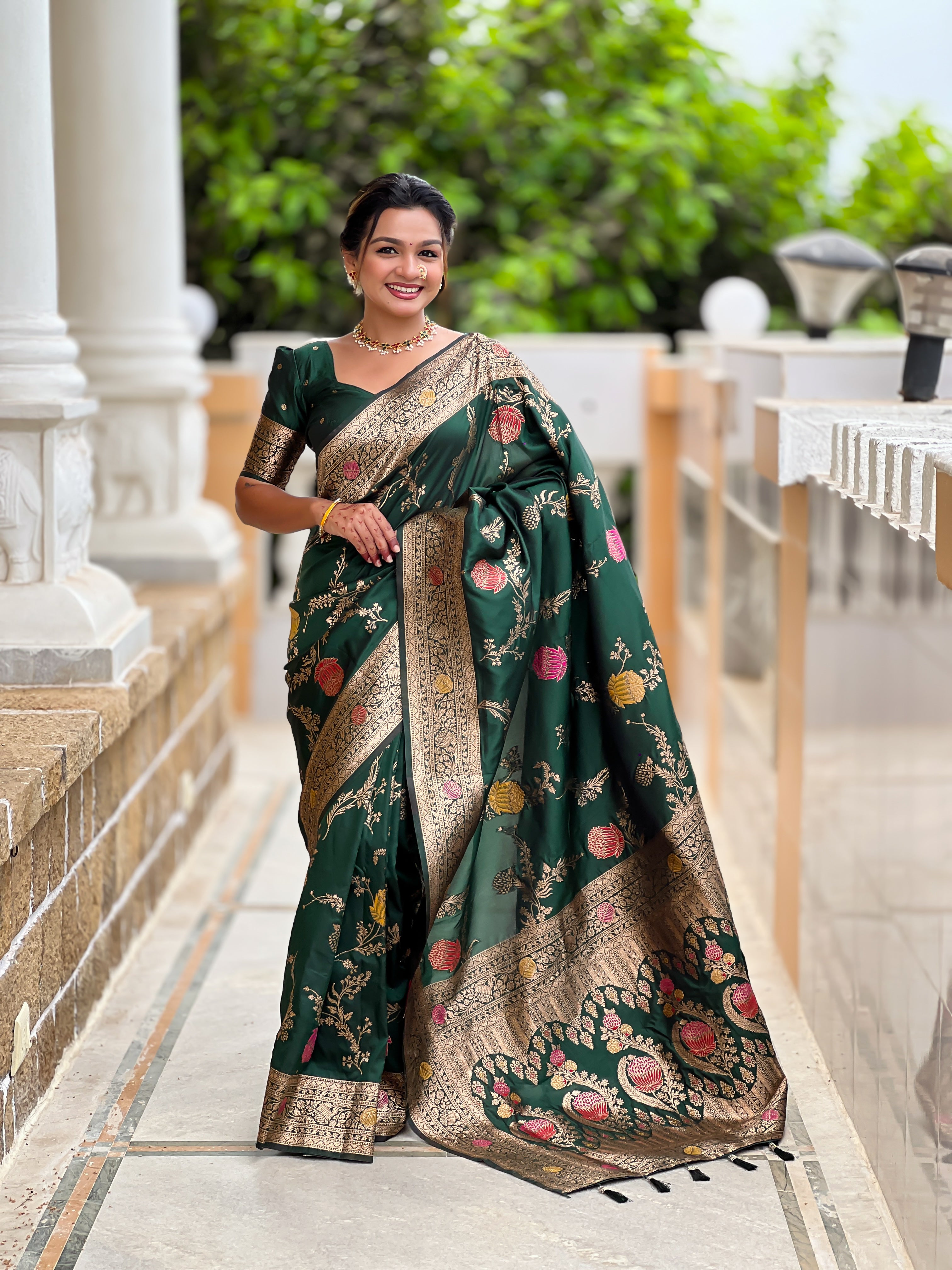 Bottle Green Wedding Wear Soft Banarasi Silk Saree
