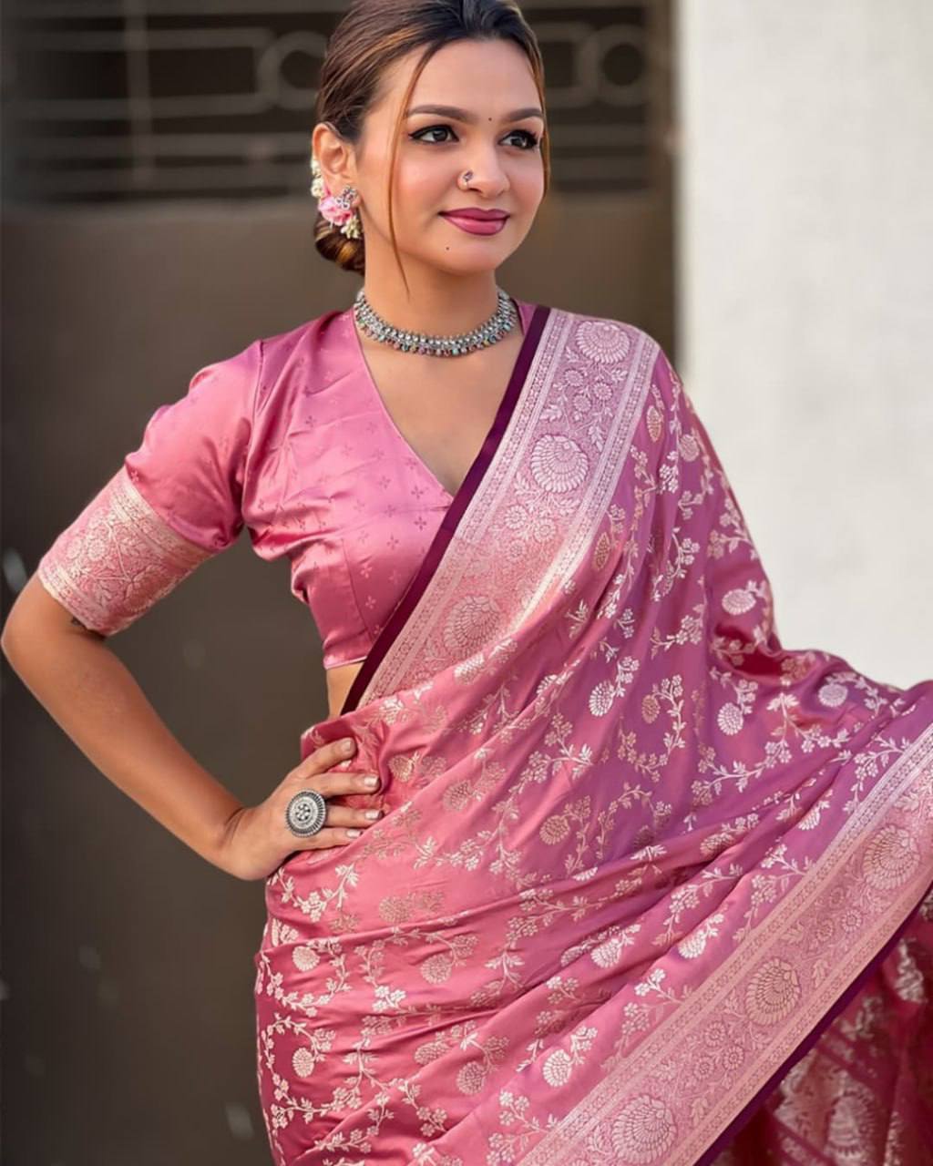 Brink Pink Traditional Lichi Silk Saree