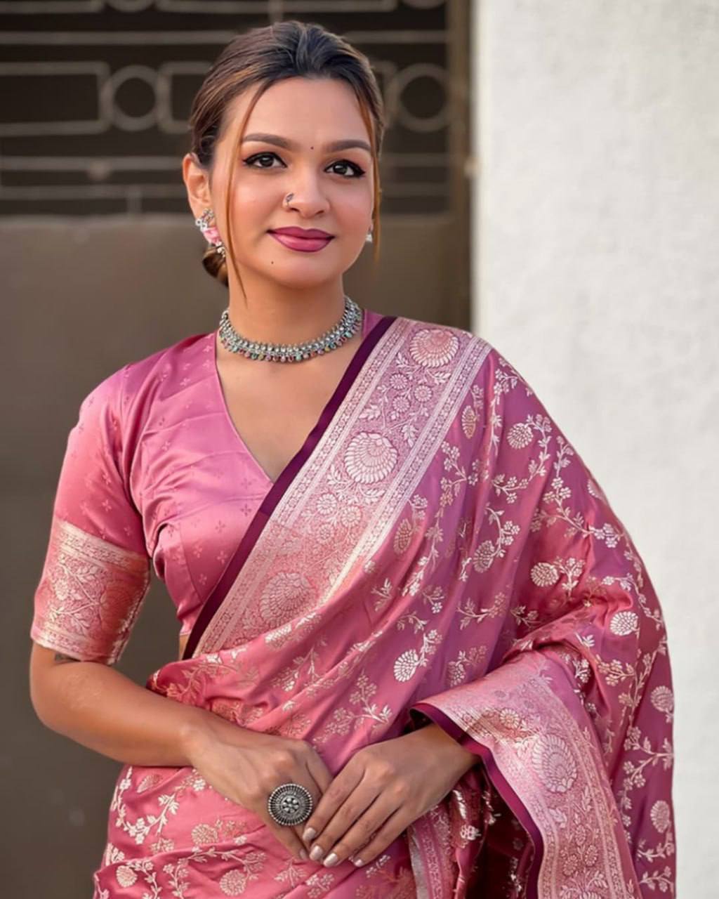 Brink Pink Traditional Lichi Silk Saree