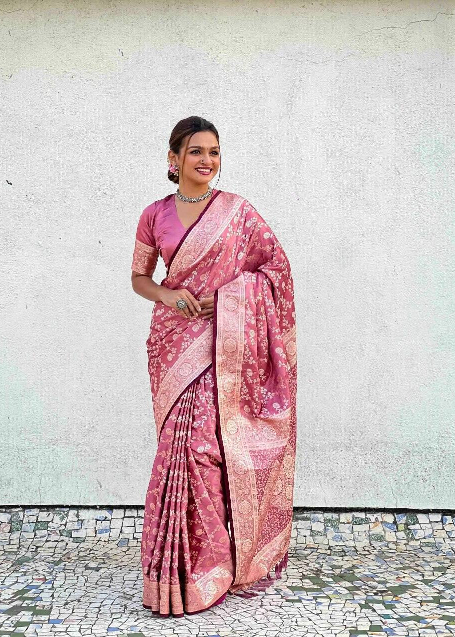 Brink Pink Traditional Lichi Silk Saree