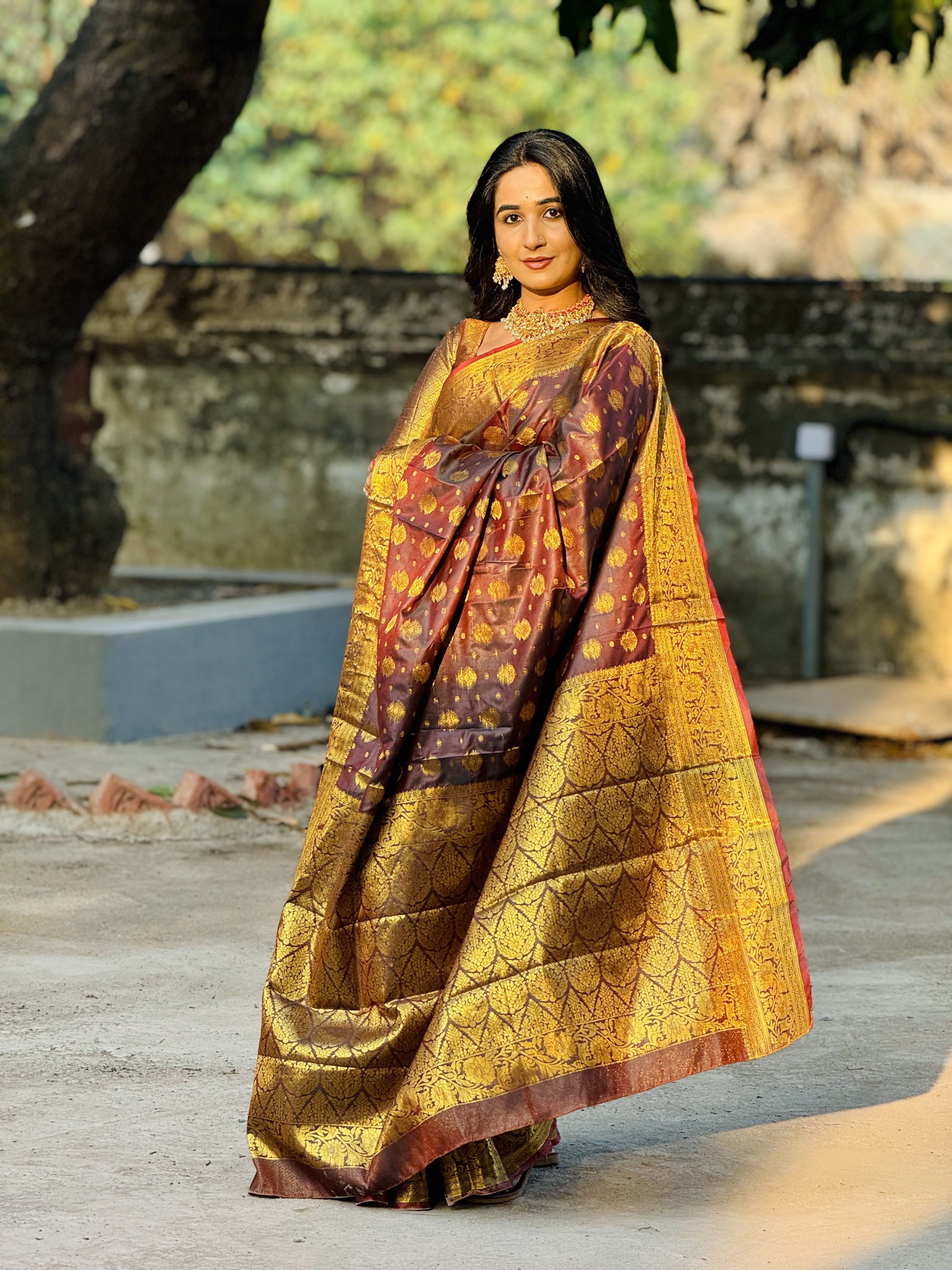 Brown Banarasi Soft Silk Saree