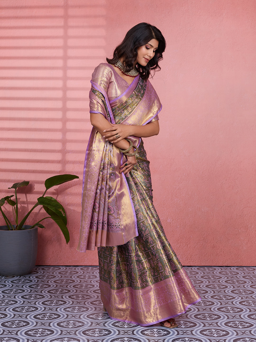 Brown & Lavender Bridal Kanchipuram Silk Saree