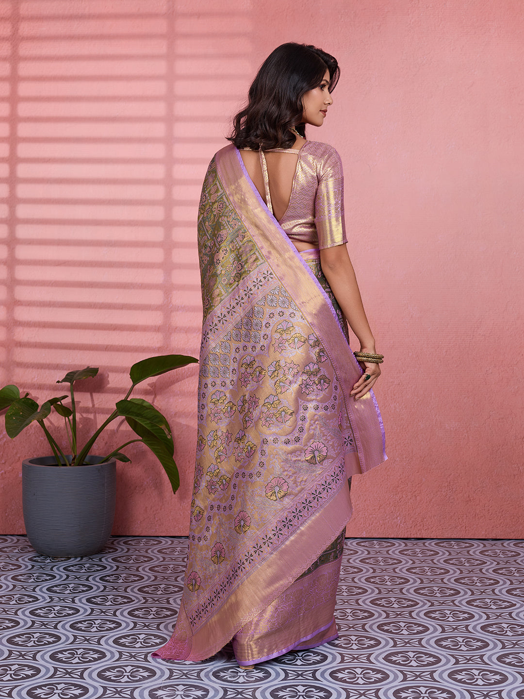 Brown & Lavender Bridal Kanchipuram Silk Saree