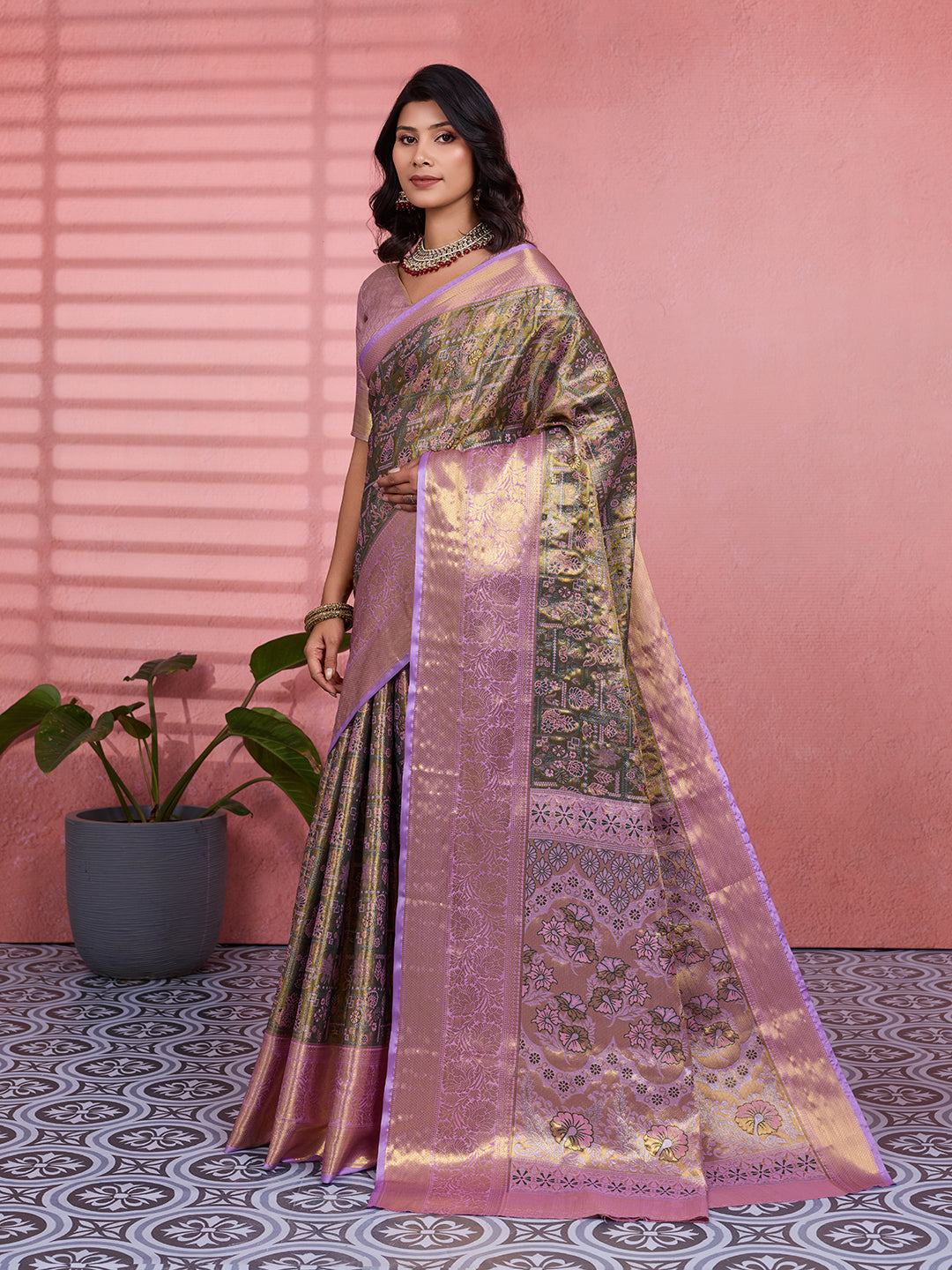 Brown & Lavender Bridal Kanchipuram Silk Saree