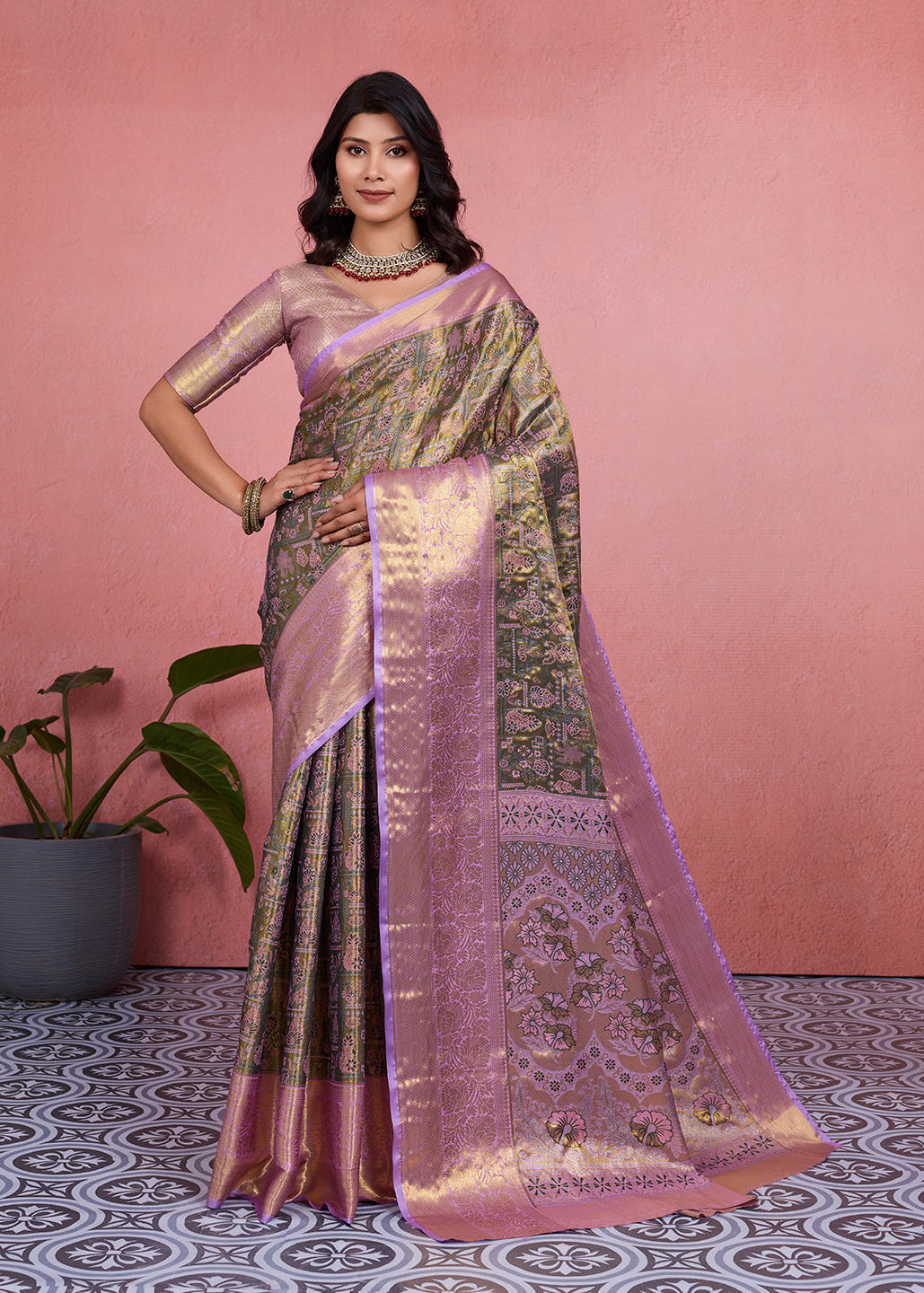 Brown & Lavender Bridal Kanchipuram Silk Saree