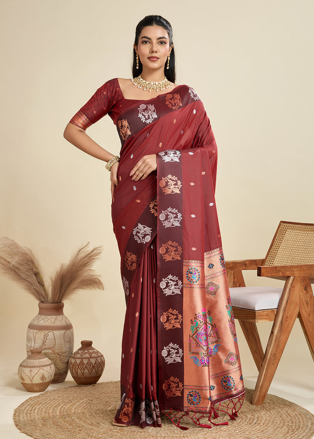 Brown Pure Soft Kanjivaram Paithani Silk Saree