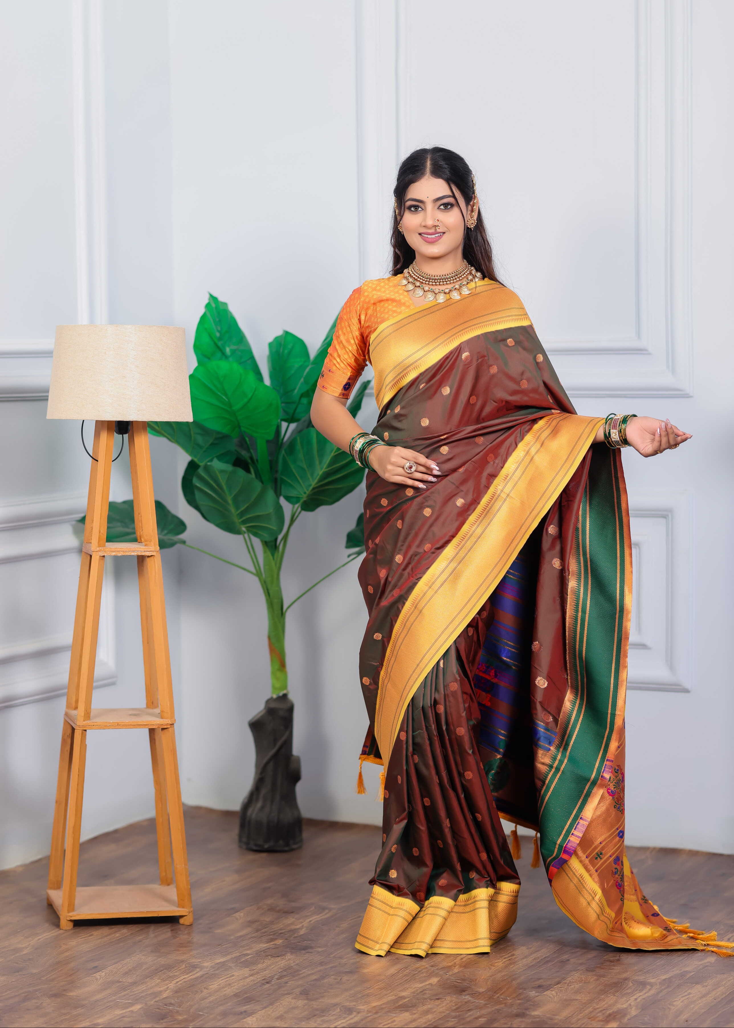 Brown Silk Fabric Weaving Paithani Saree