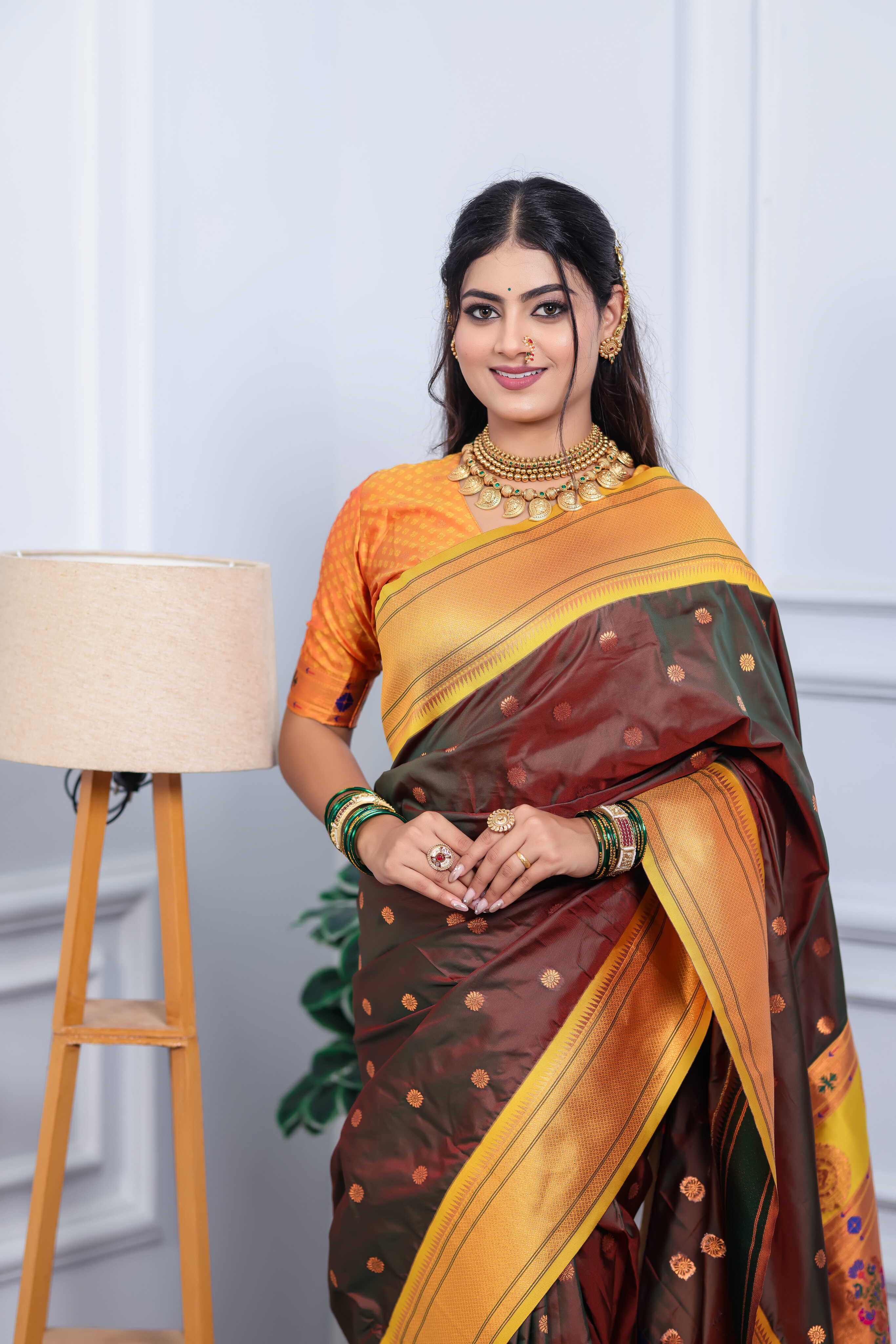 Brown Silk Fabric Weaving Paithani Saree