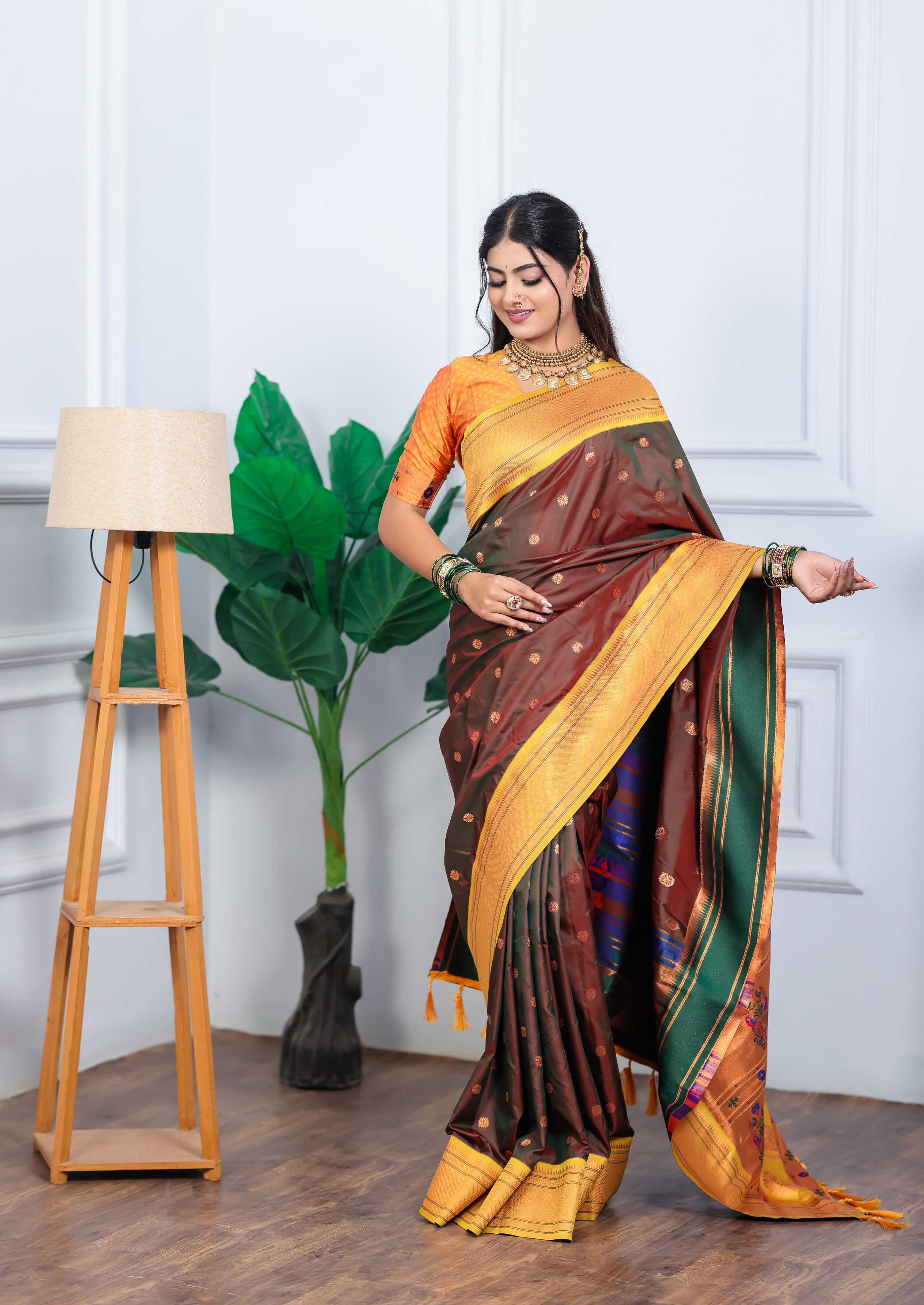 Brown Silk Fabric Weaving Paithani Saree