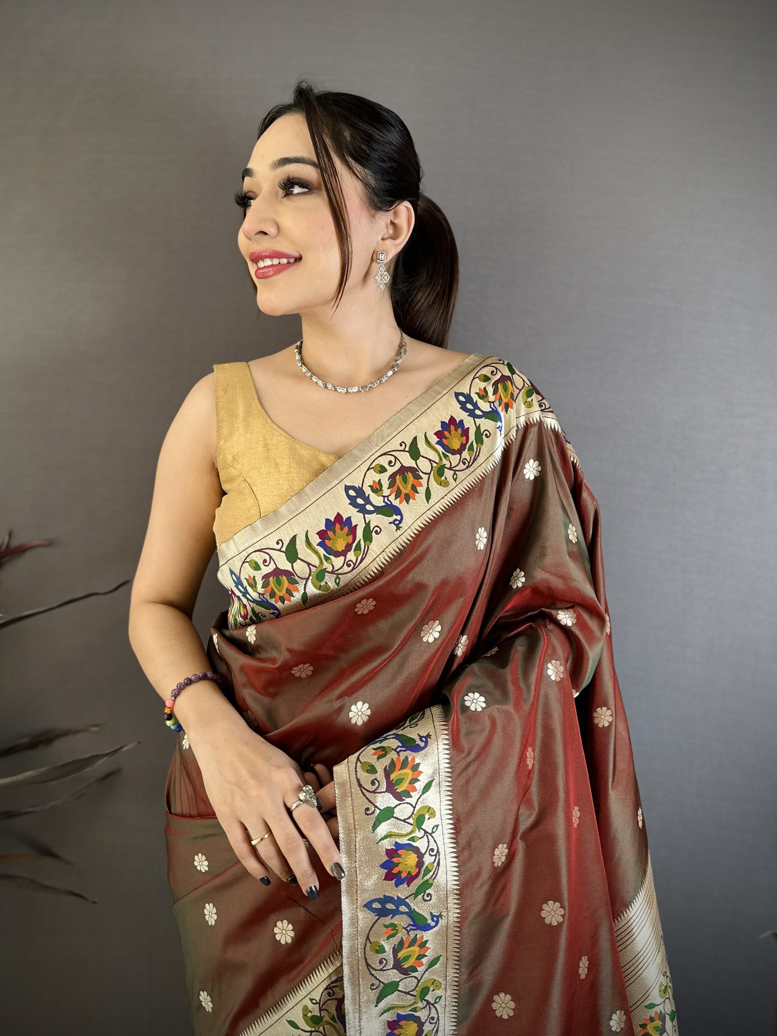 Brown Silk Weaving Paithani Silk Saree