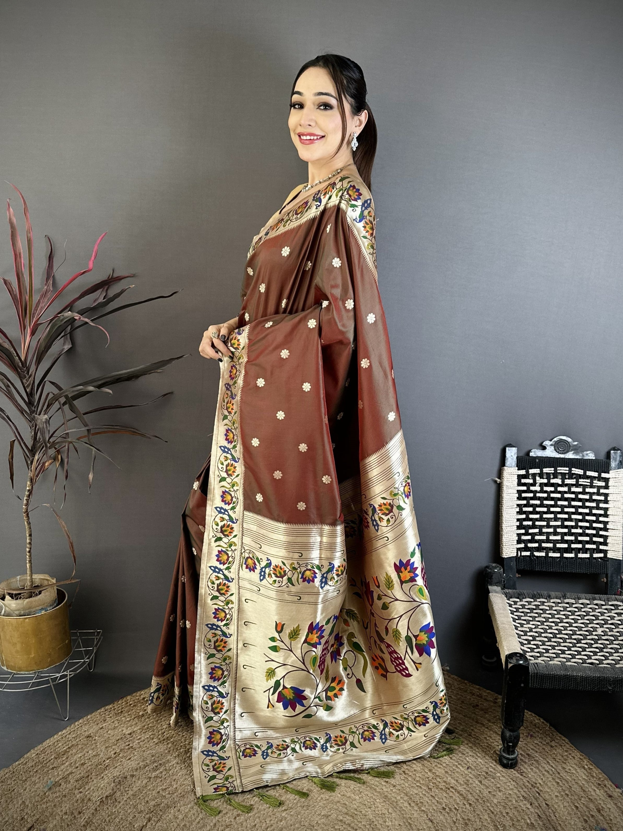 Brown Silk Weaving Paithani Silk Saree