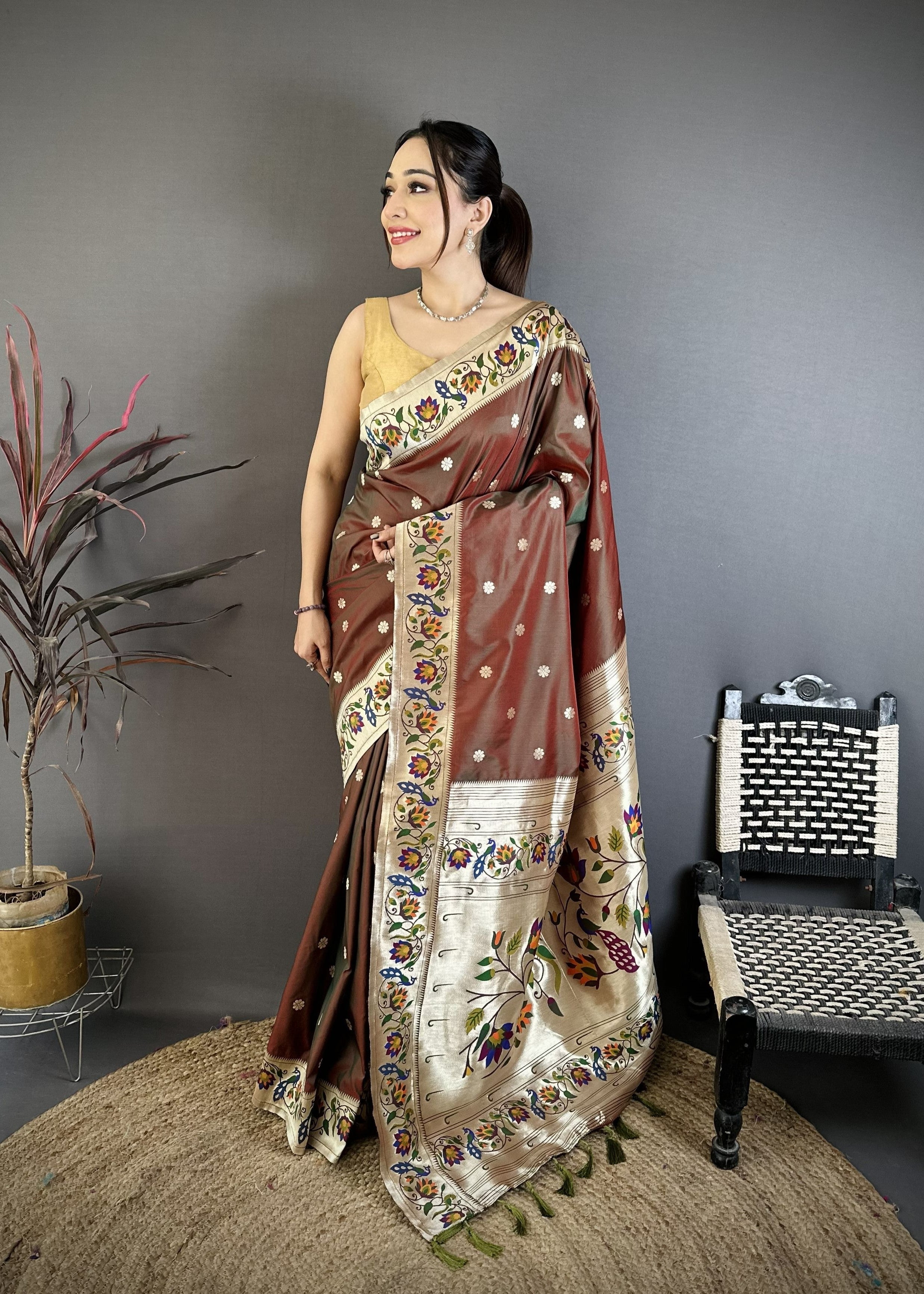 Brown Silk Weaving Paithani Silk Saree