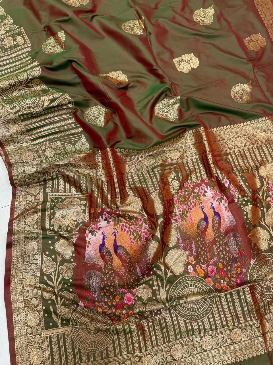 Camo Green Banarasi Silk Paithani Saree