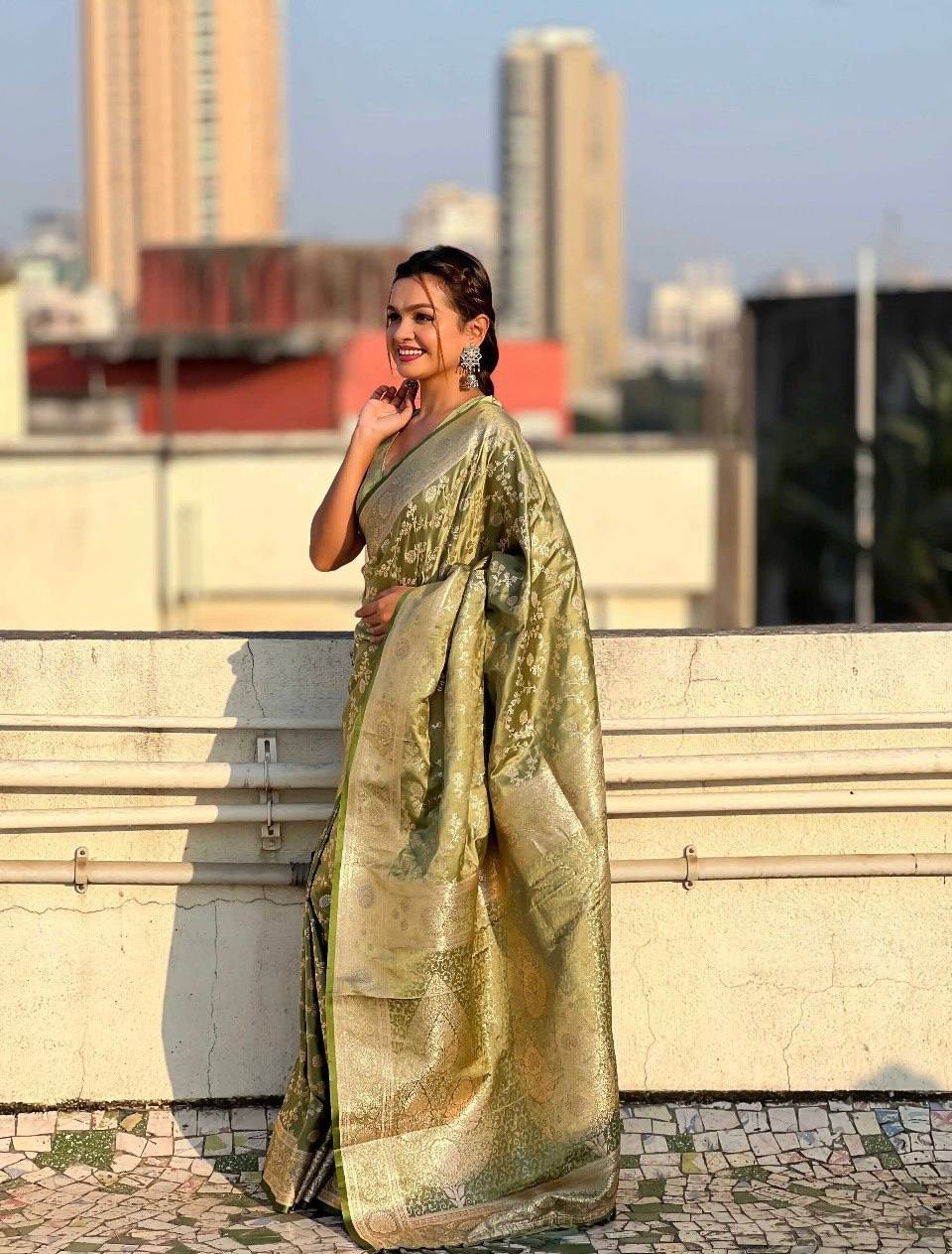 Camo Green Traditional Lichi Silk Saree